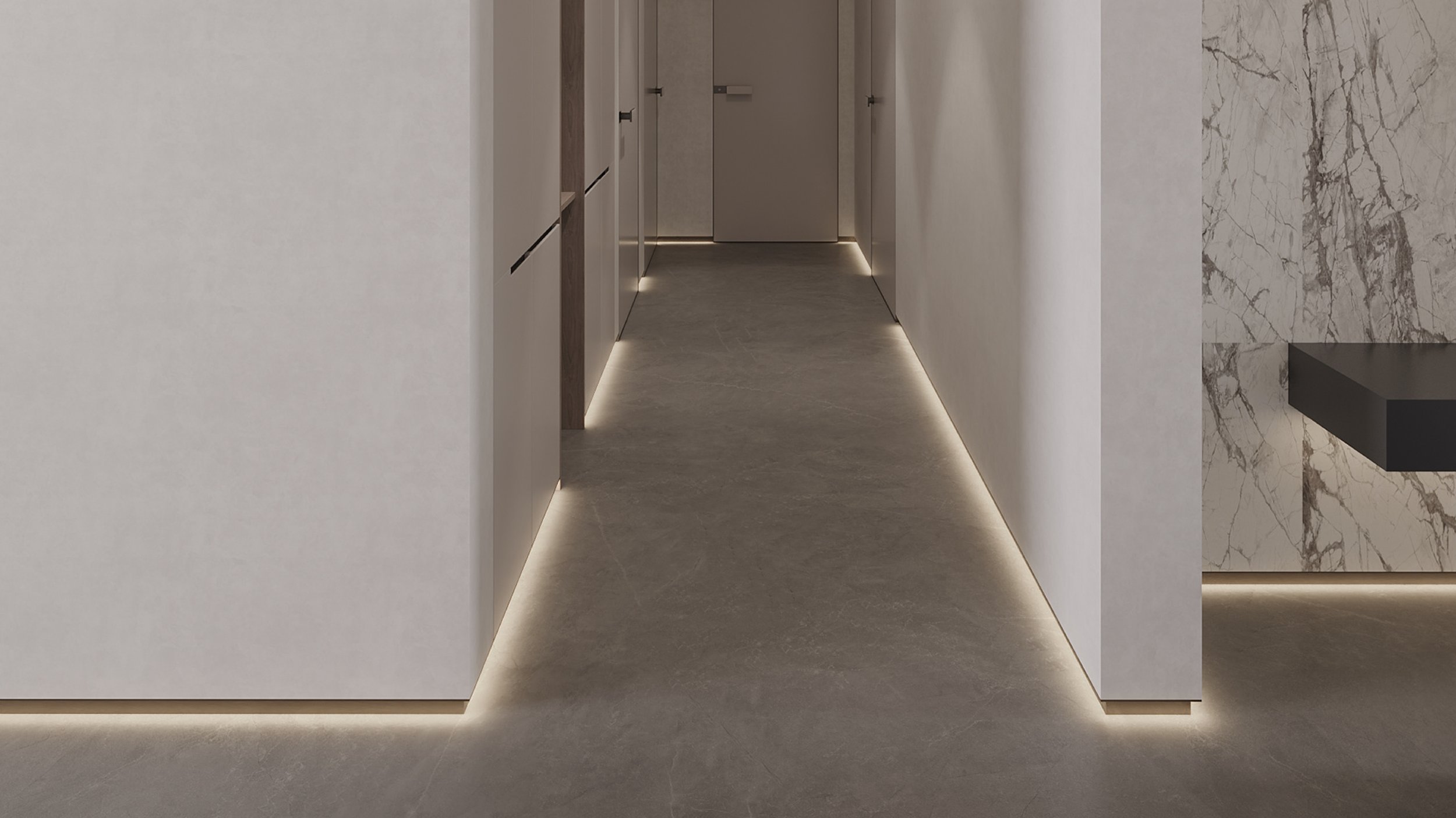 Integrated lighting transforms floor trim into an architectural feature. Interior render by Yang Ji.