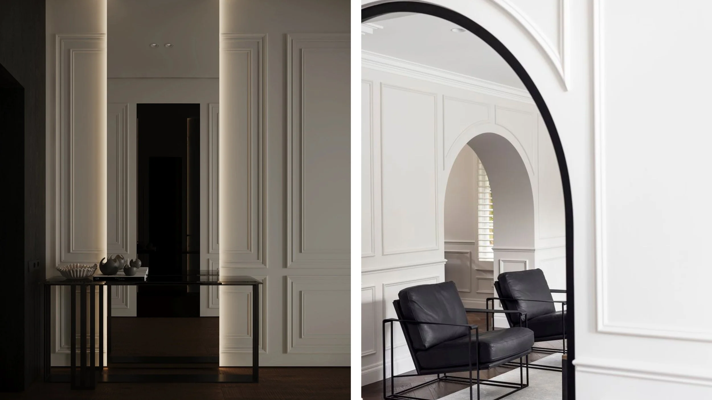 Contemporary interiors pair classic molding with clean lines for timeless sophistication.