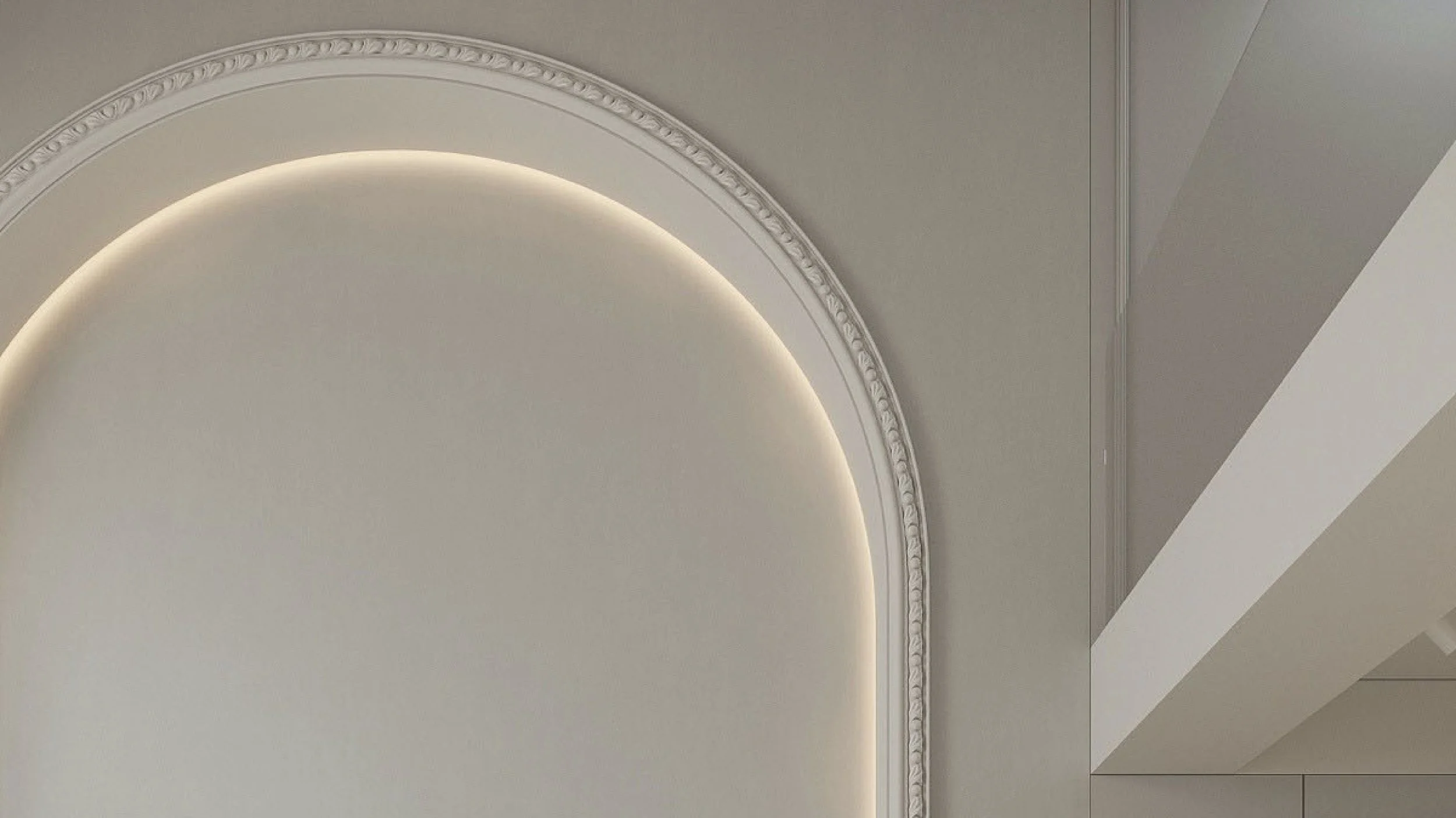 Architectural arch moulding creates a refined focal point. Image courtesy of Shexia Space Design.