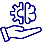 Line drawing of a hand holding a brain with a gear symbol inside