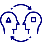 Line art illustration of two human heads facing each other with arrows indicating communication or exchange.