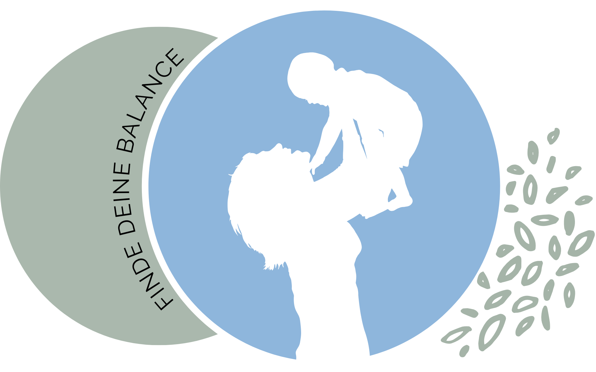 Grafik mit einem blauen Kreis, darin die Silhouette eines Kindes, das einem Schwan den Kopf berührt. Links ein grauer Halbkreis mit dem Text 'Finde deine Balance'. Rechts neben dem Kreis eine Ansammlung kleiner Flusen oder Blätter. Nina Liepold