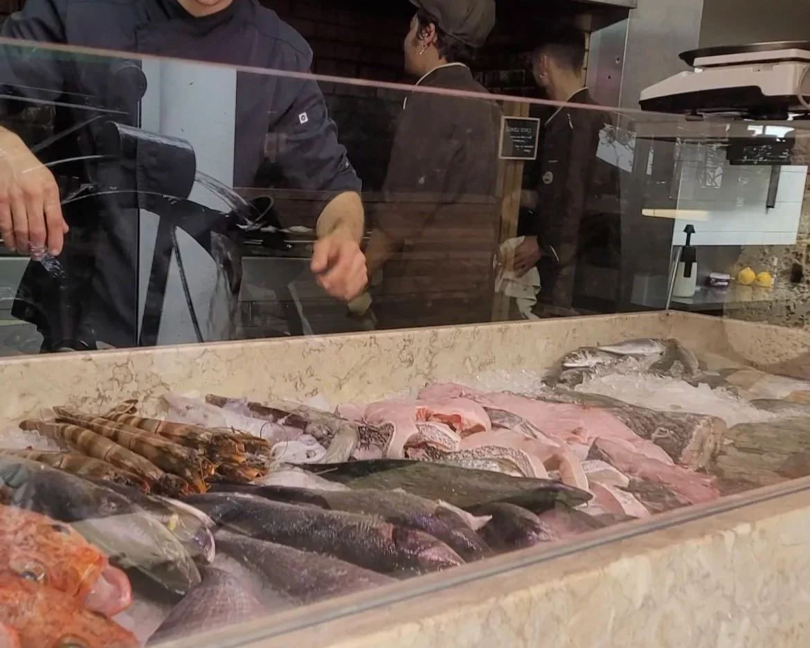 Fresh fish display at the open kitchen of Casa Chico Ze restaurant near Lagos Algarve