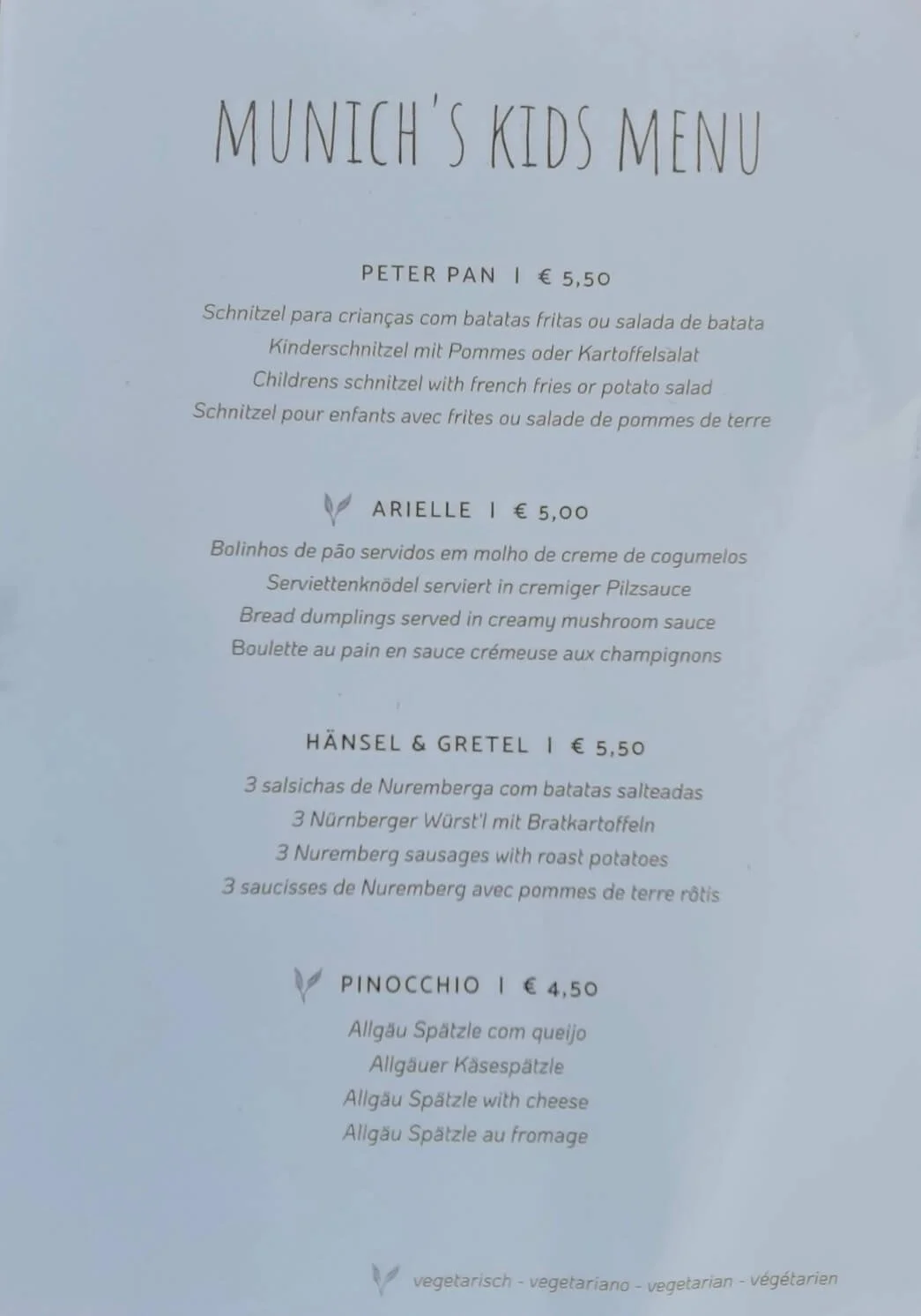 Kids menu at Munich Lagos with schnitzel sausages Spaetzle and dumplings from 4.50 euros