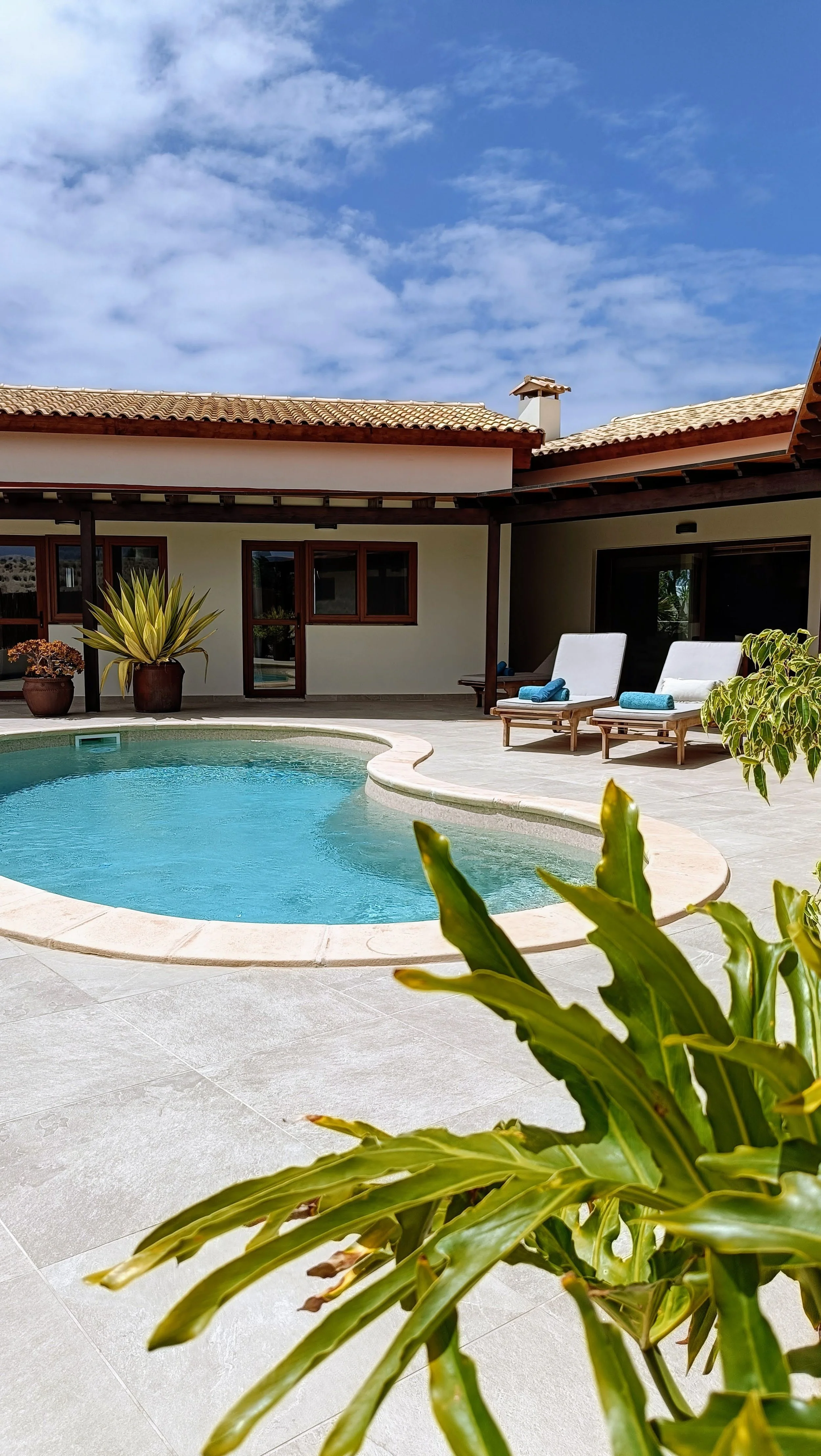View of a backyard with a swimming pool, two lounge chairs with towels, potted plants, and a house with a tiled roof and wooden accents under a partly cloudy sky.