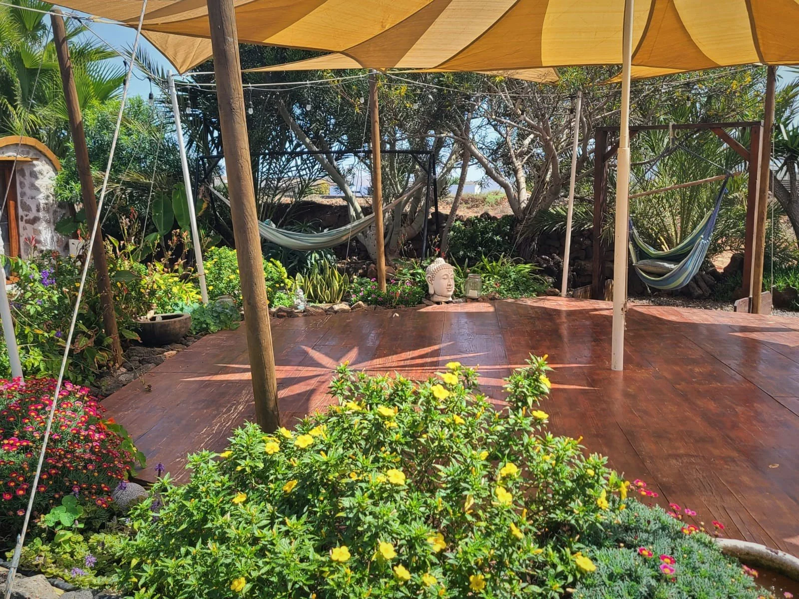 A backyard garden with a shaded wooden platform, surrounded by lush green plants and flowers. There are two striped hammocks hanging from wooden posts, and a large Buddha head statue resting on the ground. The garden is enclosed with trees and shrubs