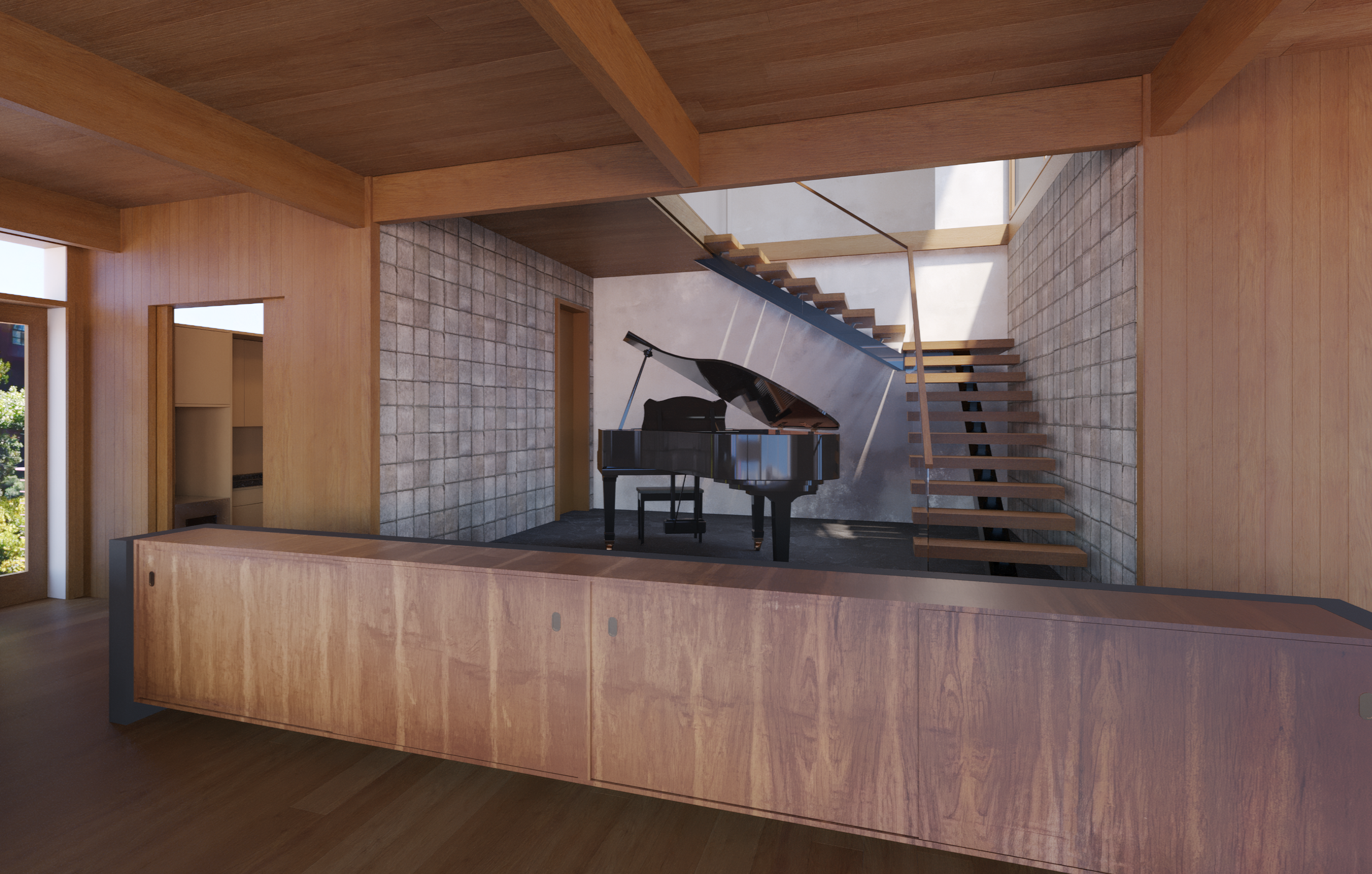 Sculptural staircase with natural materials featuring concrete, wood, basalt, teak and walnut — Mar West Tiburon Belvedere. Interior Design by The Scale Collective. Architect: Sean Bailey Design