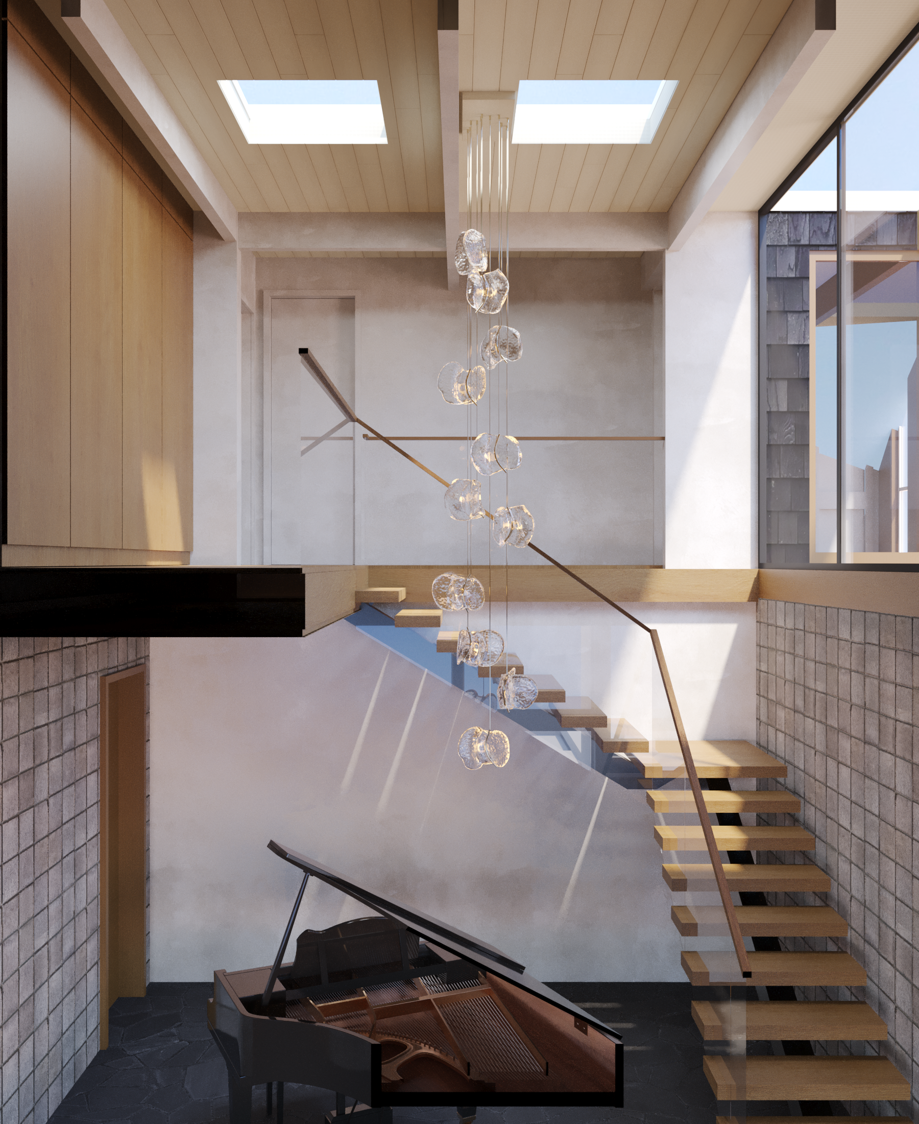 Section view of custom hand blown glass Bocci light fixture descending down the stairwell in Tiburon at this completely updated and redesigned Midcentury-modern residence by The Scale Collective in Tiburon, along the waterfront.