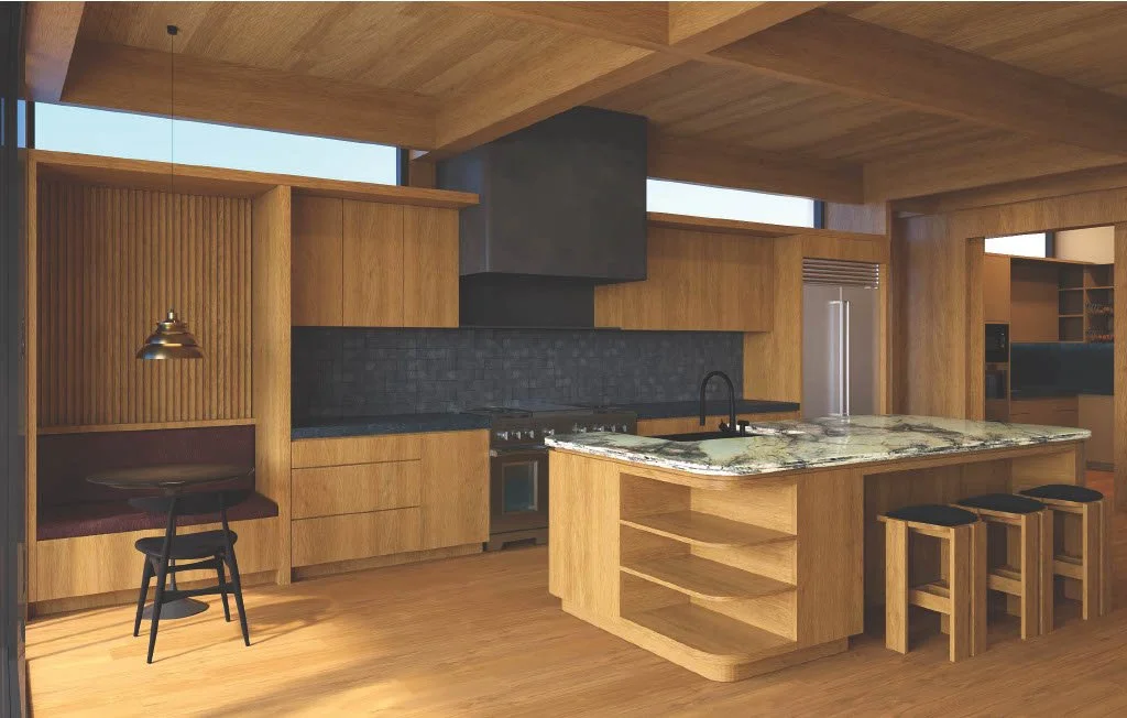 Kitchen design for a Tiburon Belvedere waterfront home featuring modern design, warm wood cabinetry and natural stone — Interior Design by The Scale Collective