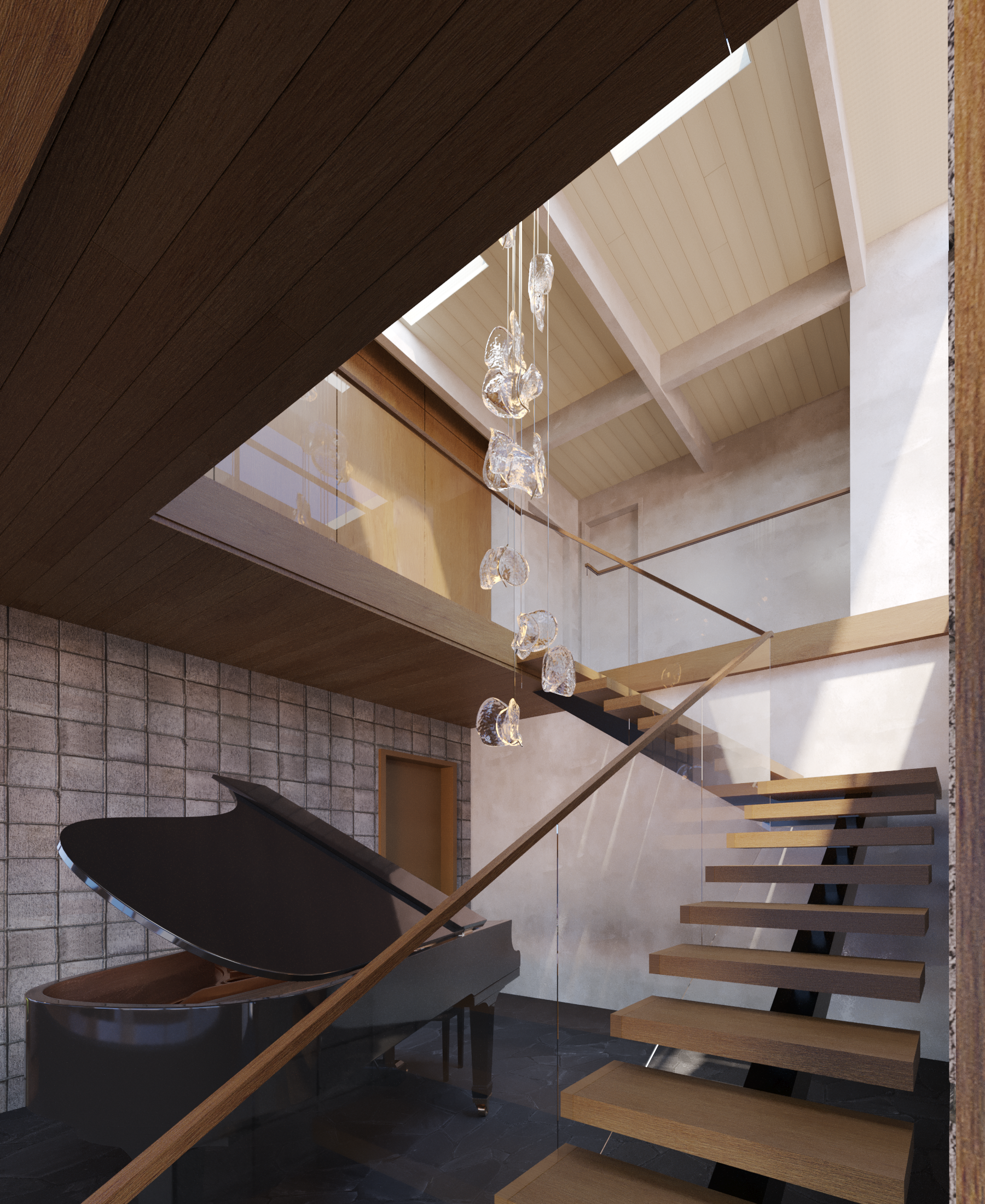 A custom hand blown glass Bocci light fixture descends over a piano and in the stairwell in Tiburon at this completely updated and redesigned Midcentury-modern residence by The Scale Collective in Tiburon.