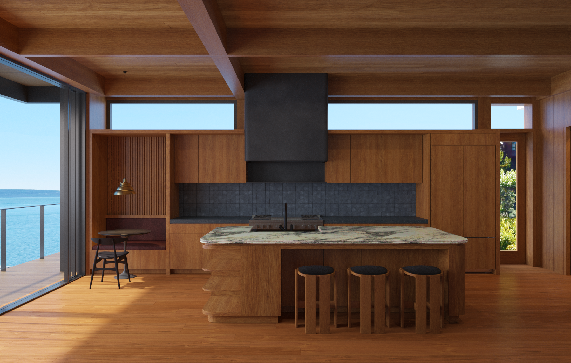 Kitchen design for a Tiburon Belvedere waterfront home featuring mid century modern design, warm wood cabinetry and natural stone — Interior Design by The Scale Collective