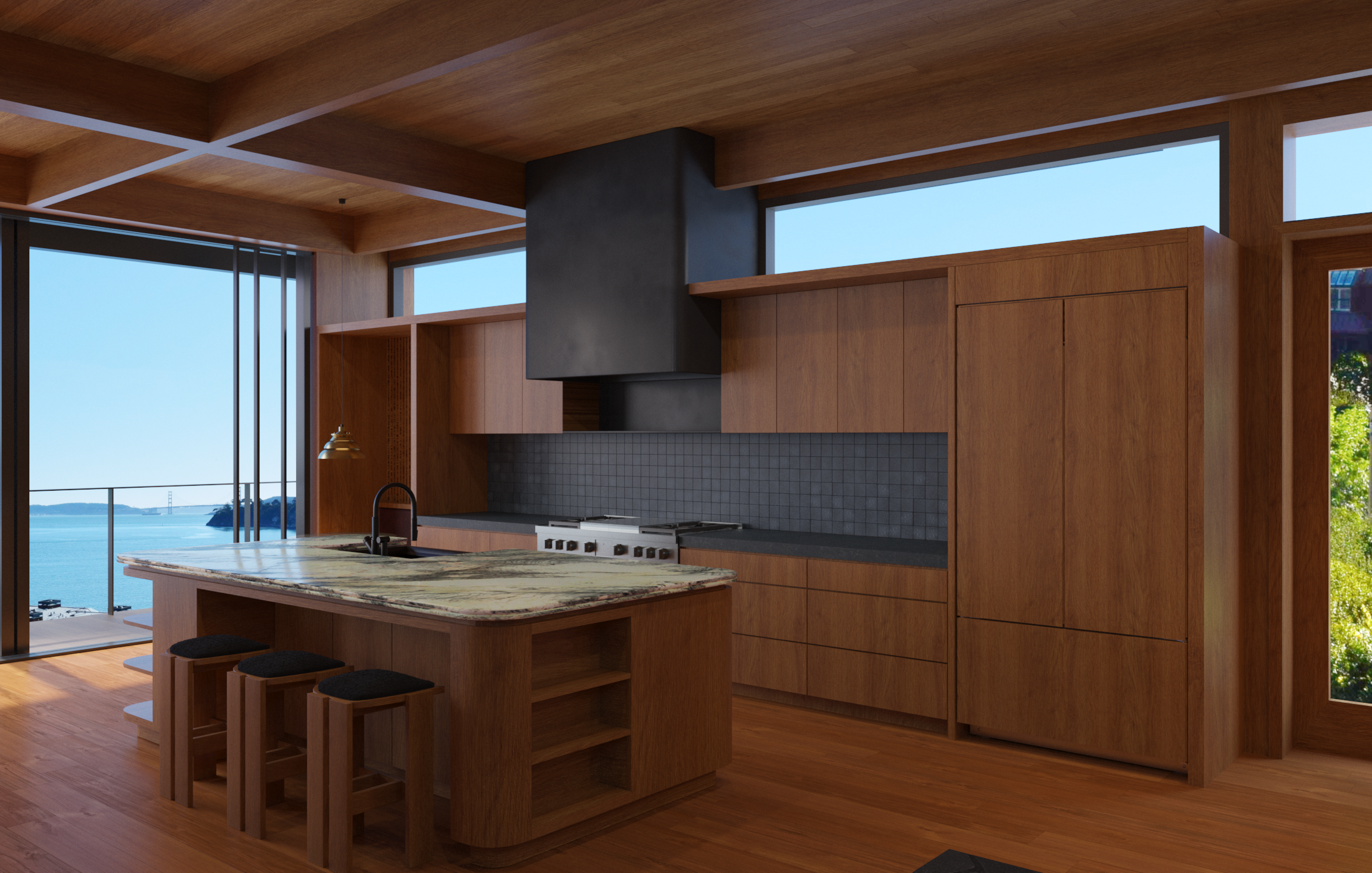 Kitchen design for a Tiburon Belvedere waterfront home featuring mid century modern design, warm wood cabinetry and natural stone, with a view to the Golden Gate bridge. Interior Design by The Scale Collective