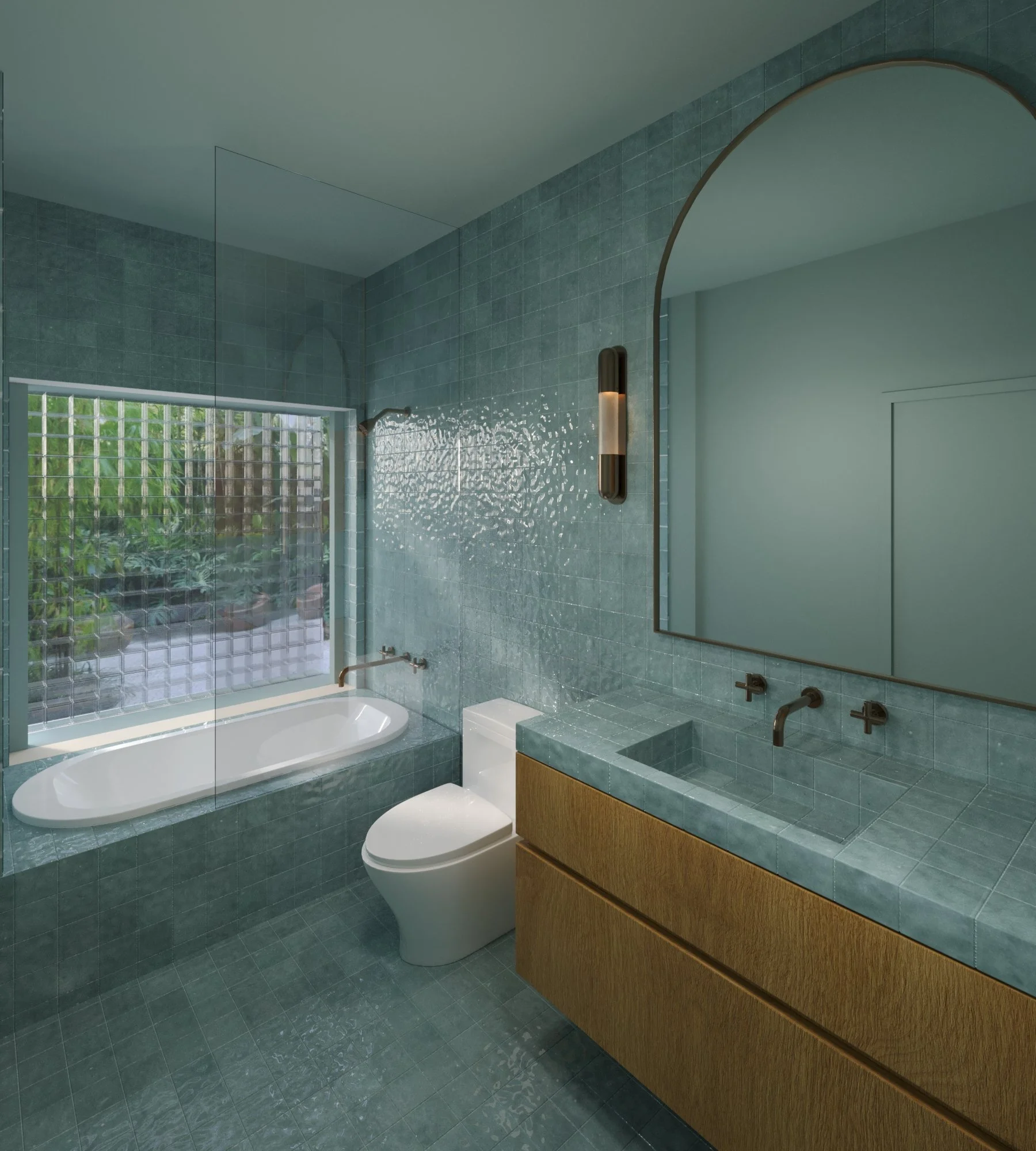 Bathroom with immersive blue zellige tile and midcentury-modern inspired clean lines — Tiburon Belvedere waterfront home. Interior Design by Sara Alexander of The Scale Collective.