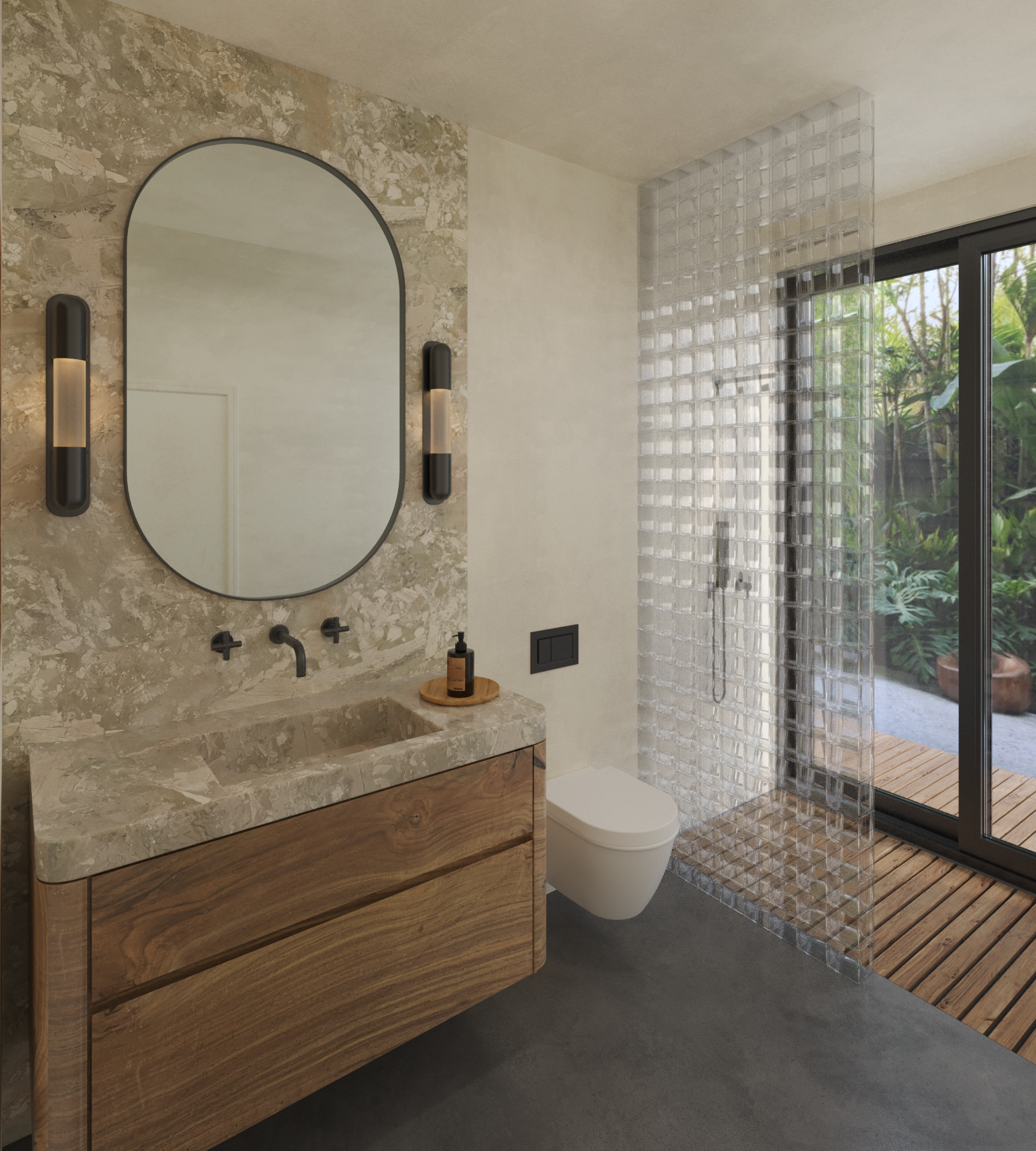 Guest bathroom with organic stone finishes and Neutra-inspired minimalism — Tiburon Belvedere residence. Interior Design by The Scale Collective