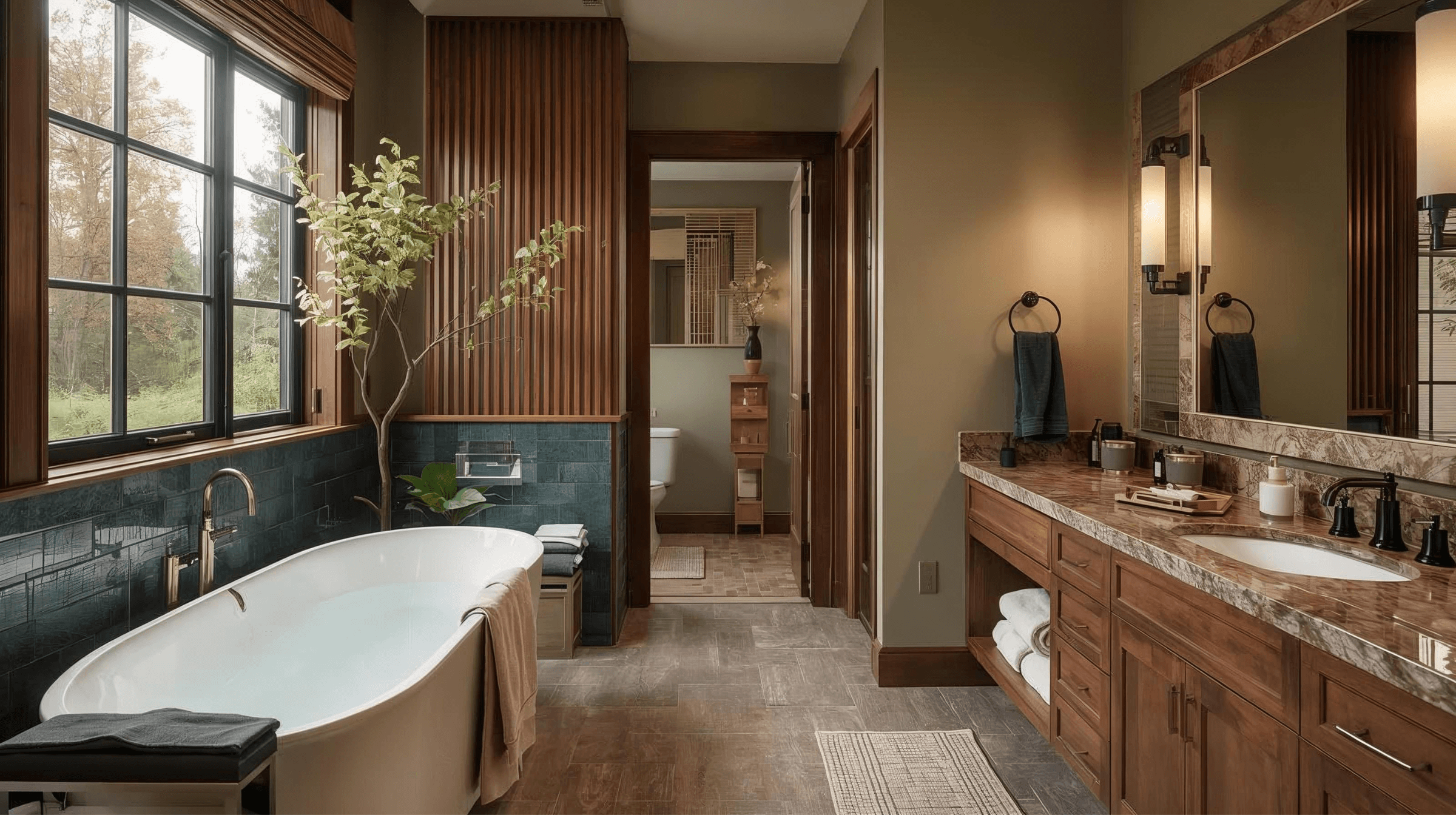 Image of a bathroom with free standing tub, tile floor and dark wood cabinets