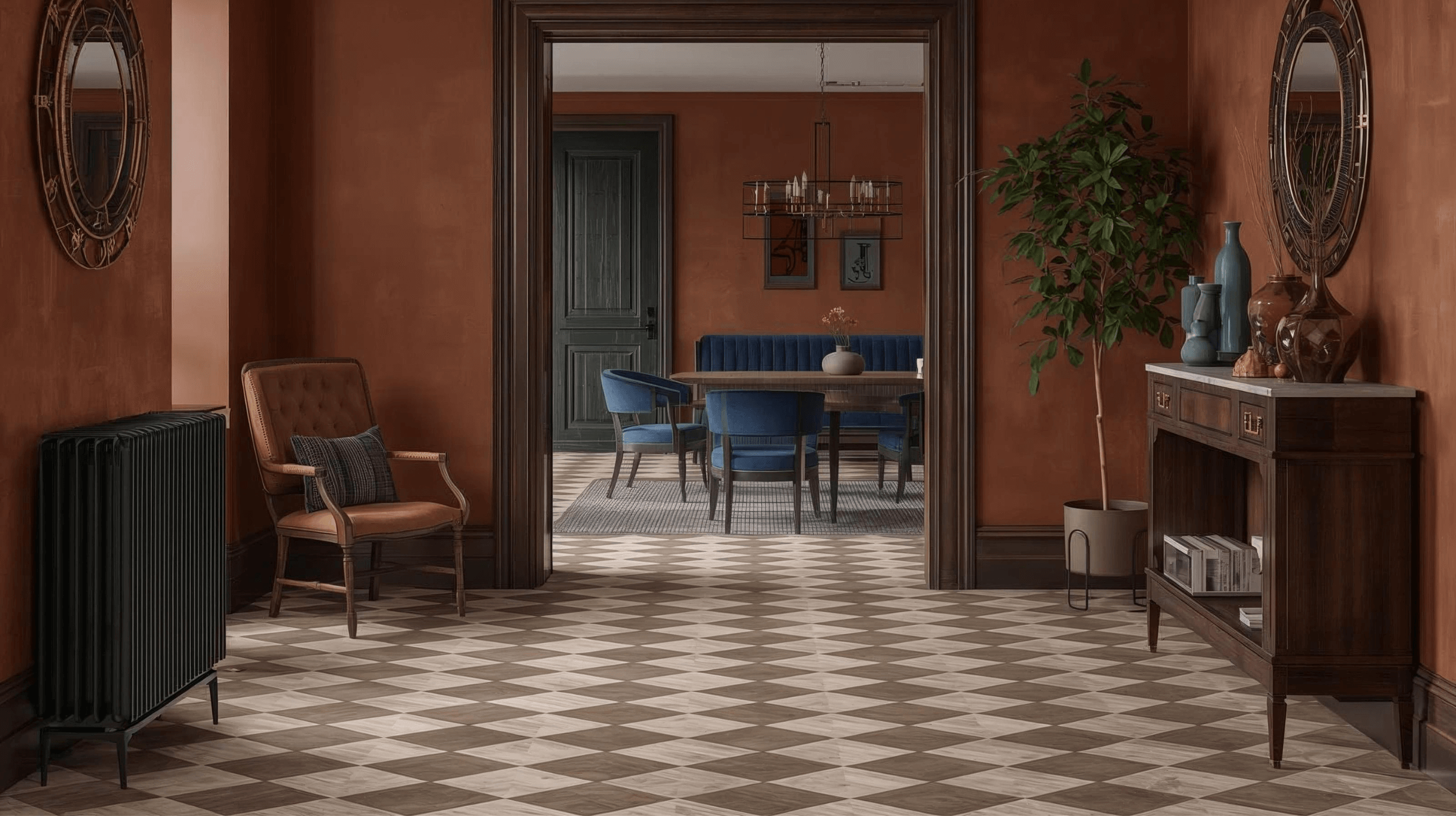 Image of classic looking living space. Black and white tile floor, dark walls and furniture. Large, old fashioned radiator.