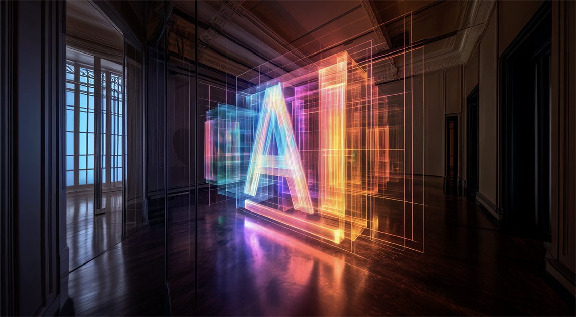 Image of a large, dark room witha neon bright sign with the letters AI on it