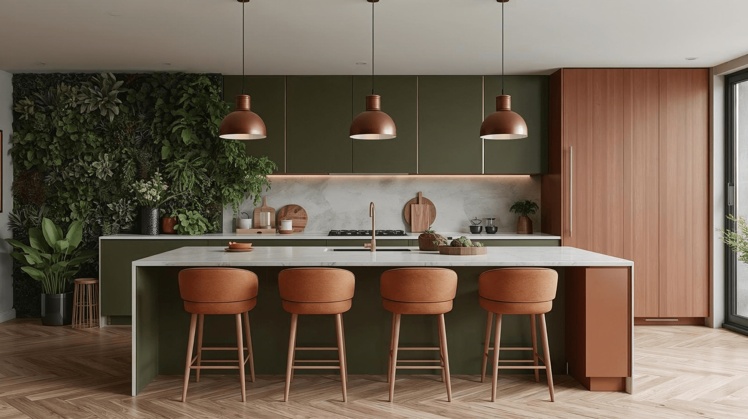Mid century looking kitchen with long island with counter sitting, dark wood pantry cabinet next to dark green cabinets and indoor plants