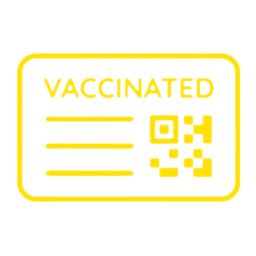 A black and white COVID-19 vaccination card with the word 'VACCINATED' at the top and a QR code on the right side.