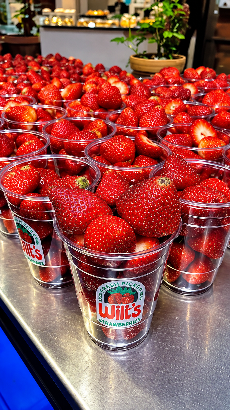 A display of fresh strawberries in clear cups at Wilt’s Chocolate Smothered Berries, arranged on a counter in a brightly lit market setting.