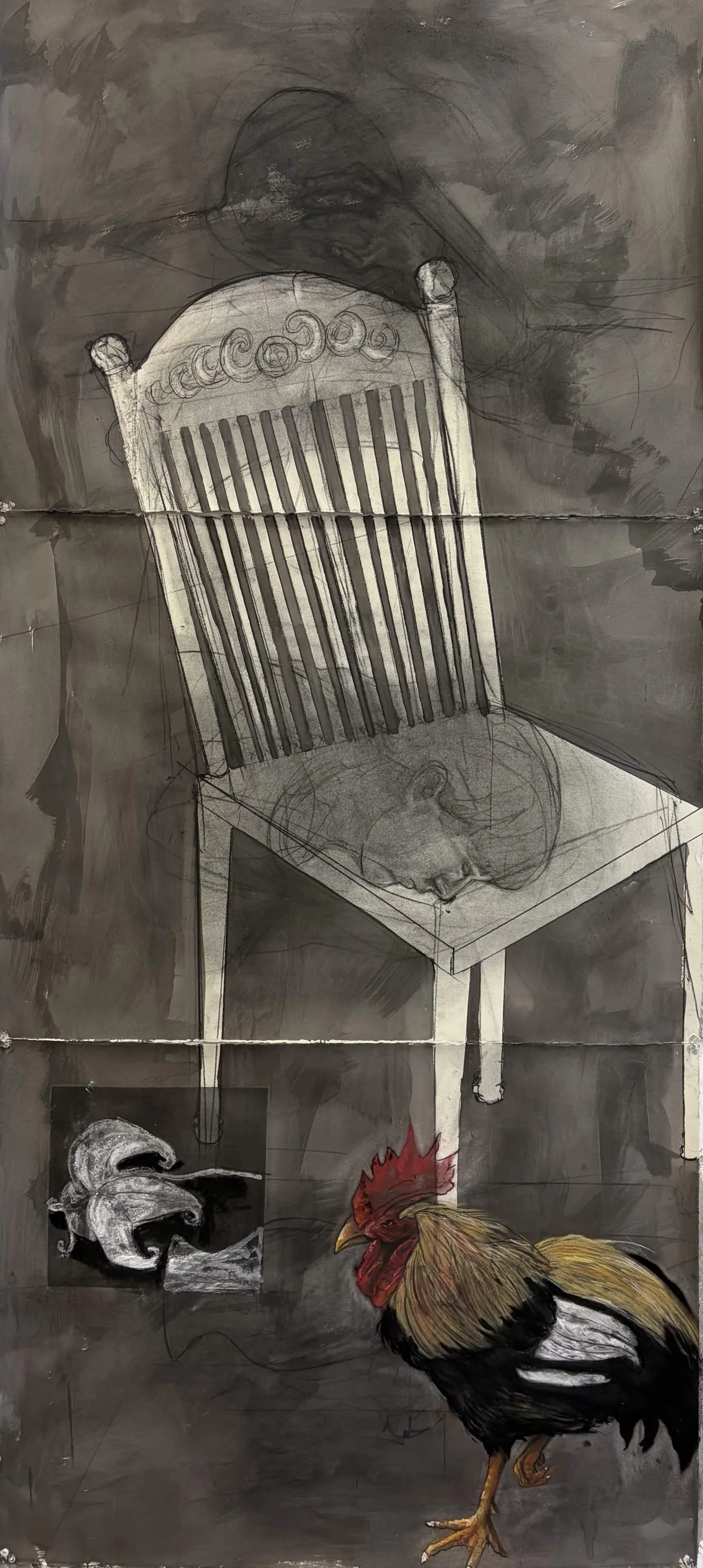 In Rebirth, Charcoal, ink, acrylic paint and, soft pastel, 30" x 66", 2026