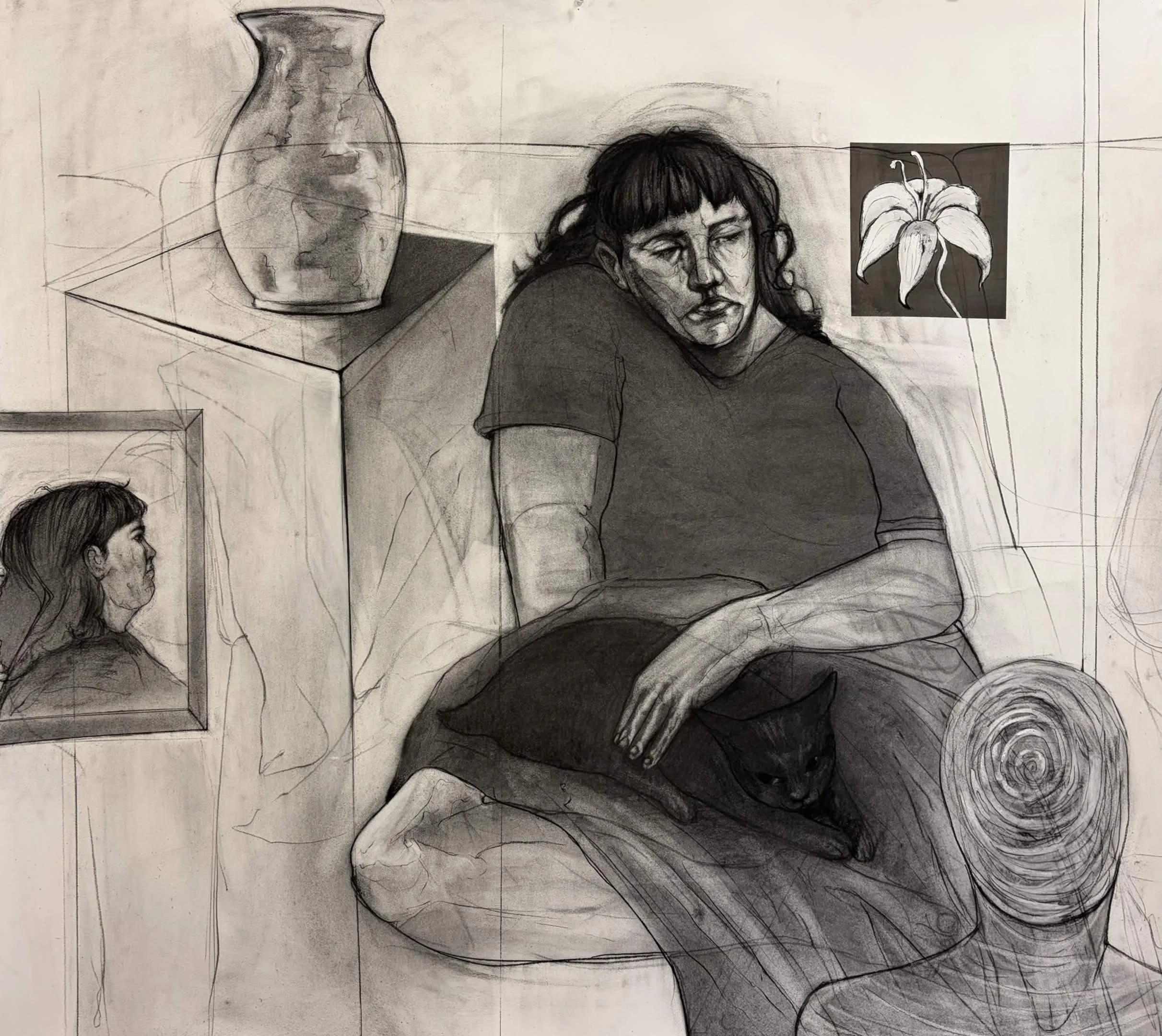 Remnants lost in memory, Charcoal, ink, acrylic paint, and soft pastel, 52" x 42.5", 2026