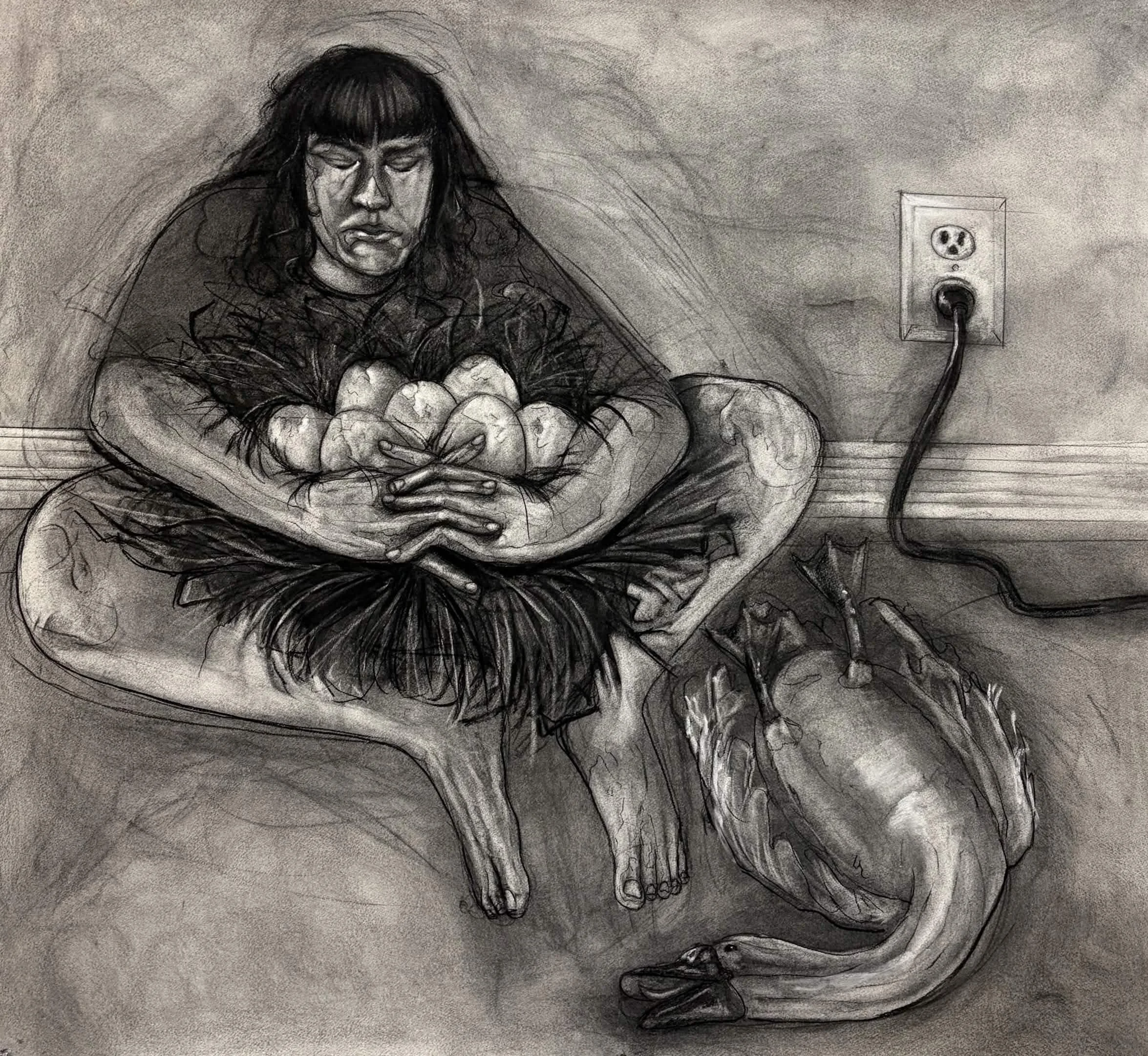 For the good of the flock, charcoal and soft pastel, 46" x 42.5", 2026