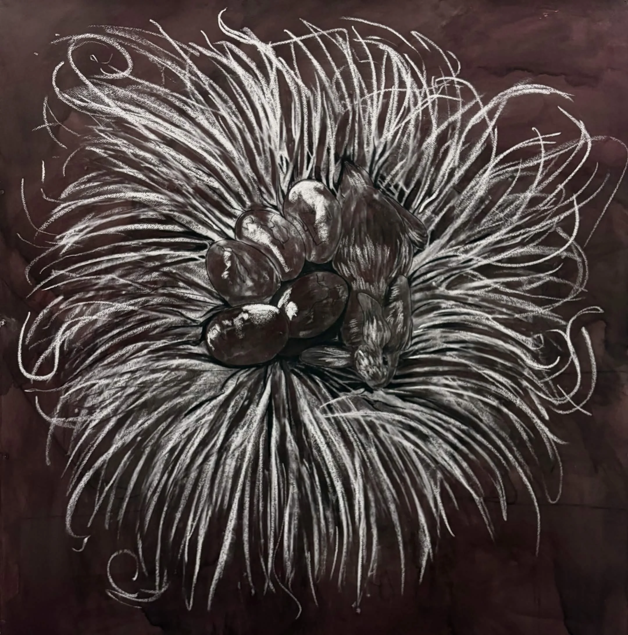 In Retreat, Charcoal, ink, watercolor and soft pastels, 42.5" x 44", 2026