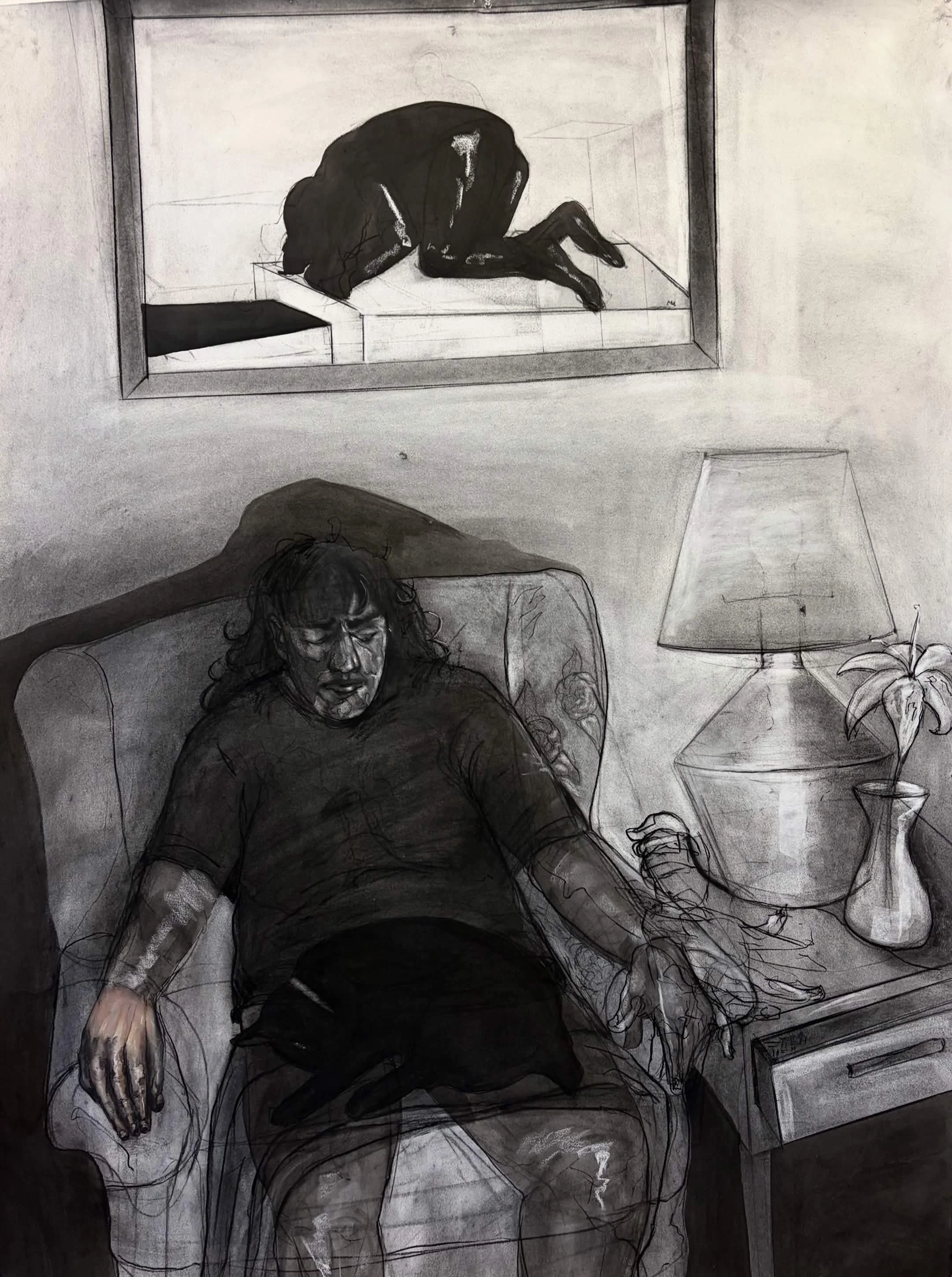 Just sit in it, Charcoal, Ink and Soft pastel, 42.5" x 58", 2026