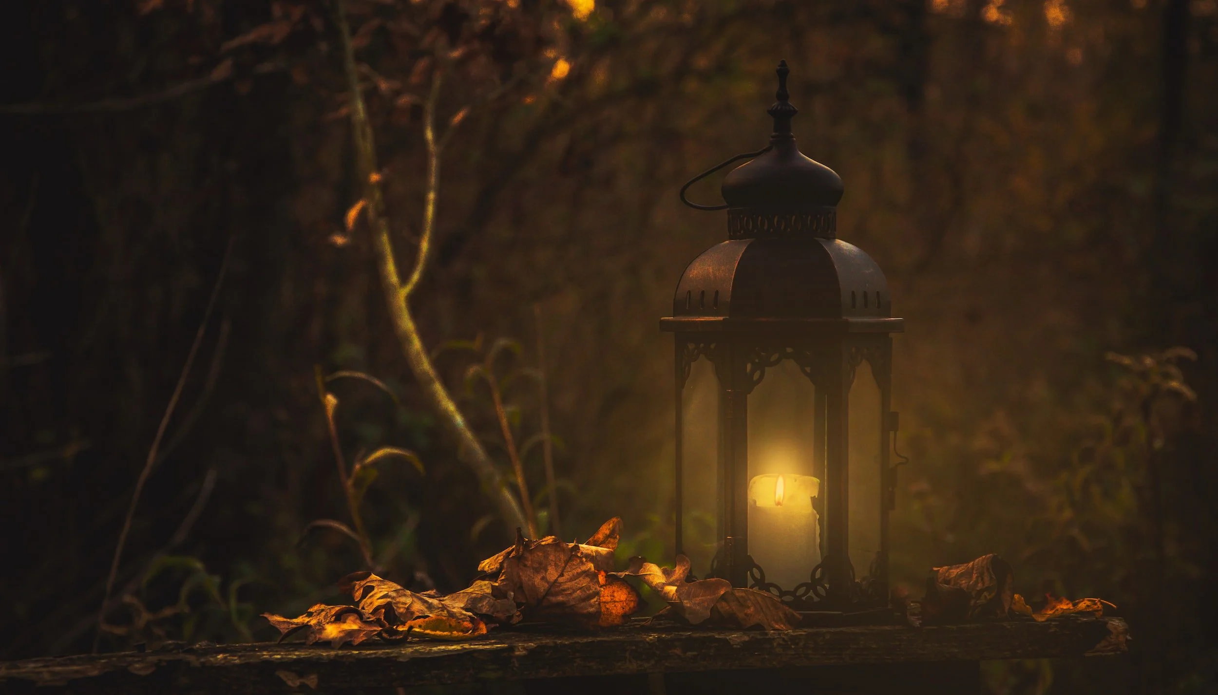 A lit candle inside a black metal lantern with a decorative top, placed on a weathered wooden surface surrounded by dried autumn leaves, in a dimly lit, outdoor setting with autumn foliage in the background.