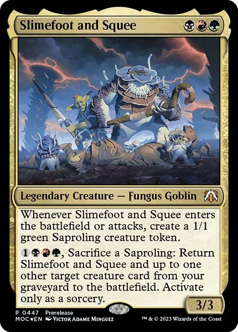 Magic: The Gathering card titled 'Slimefoot and Squee,' depicting a large fungus goblin with smaller goblins around it, in a stormy landscape with lightning, trees, and rocky terrain.
