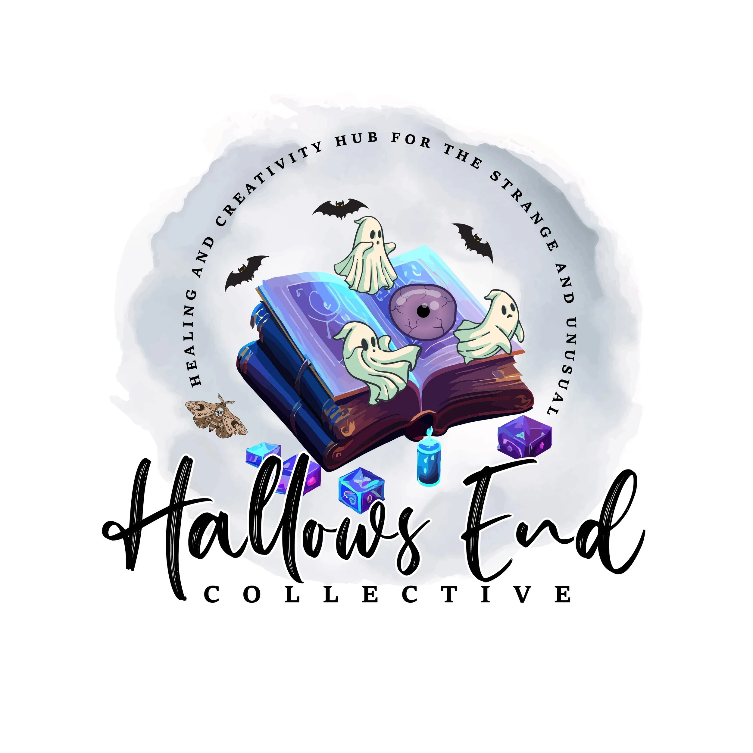 A Halloween-themed logo with an open book, ghost and bat illustrations, and spellbinding text that reads 'Hallow's End Collective' with the slogan 'Healing and Creativity Hub for the Strange and Unusual' circling above.