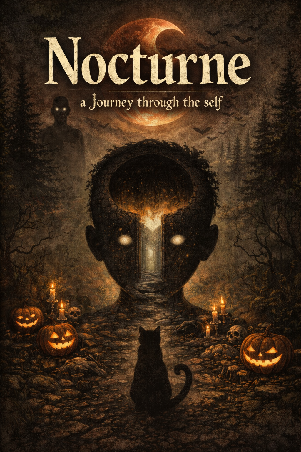 Dark forest scene with glowing jack-o'-lanterns, candles, skulls, a black cat, and a large human face made of tree bark. A mysterious figure with glowing eyes is in the background. The moon is partially obscured by clouds, and bats fly across the sky. The title reads "Nocturne: a Journey through the self."