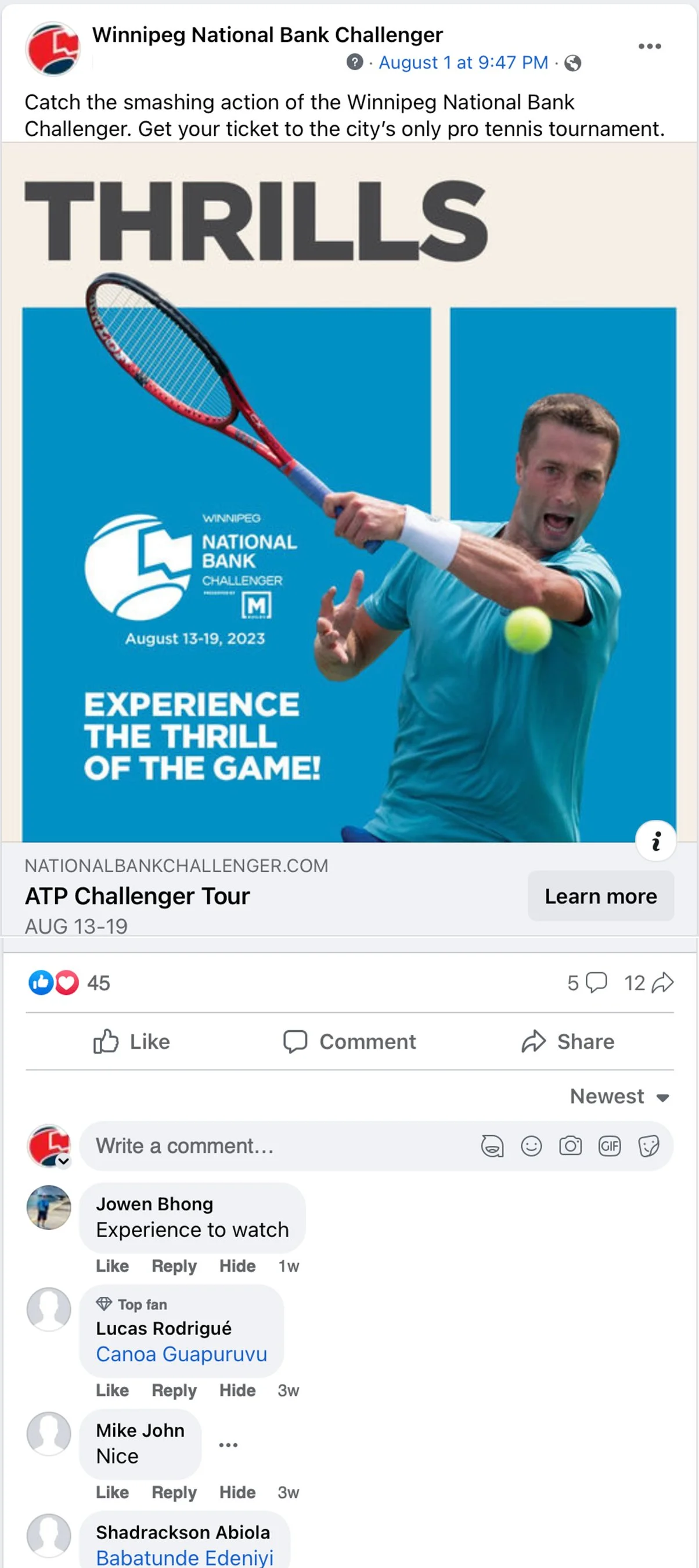 Screenshot of ad being served on Facebook - Graphic design including tennis player hitting ball, WNBC logo, and "Experience The Thrill of the Game."