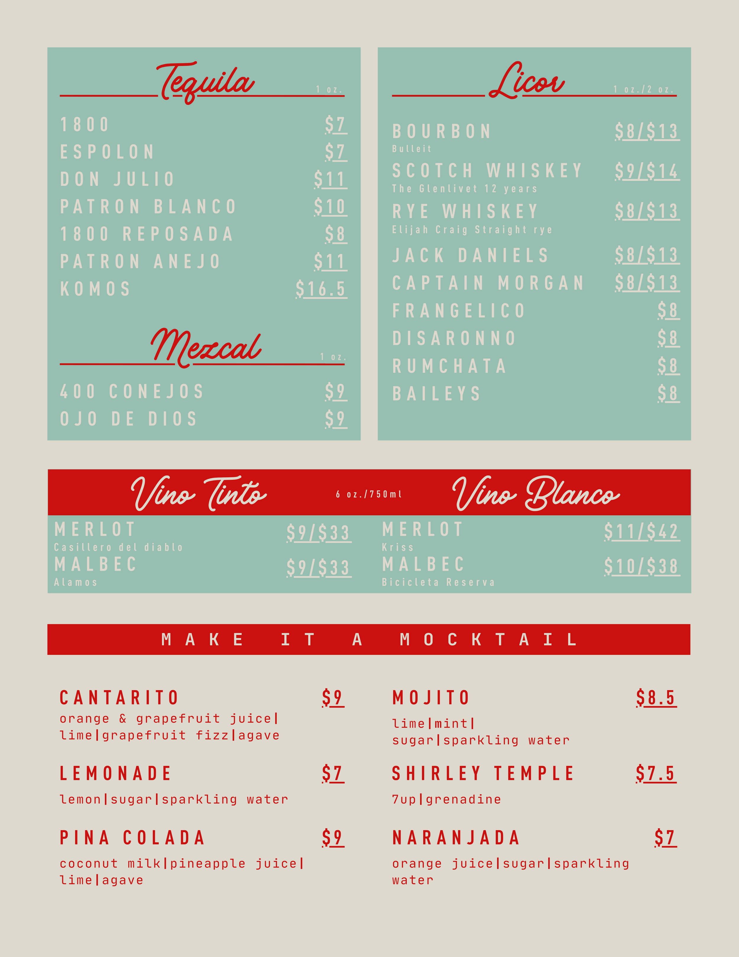 A colorful restaurant menu divided into sections for tequila, mezcal, licores, and cocktails, with prices listed next to each item.