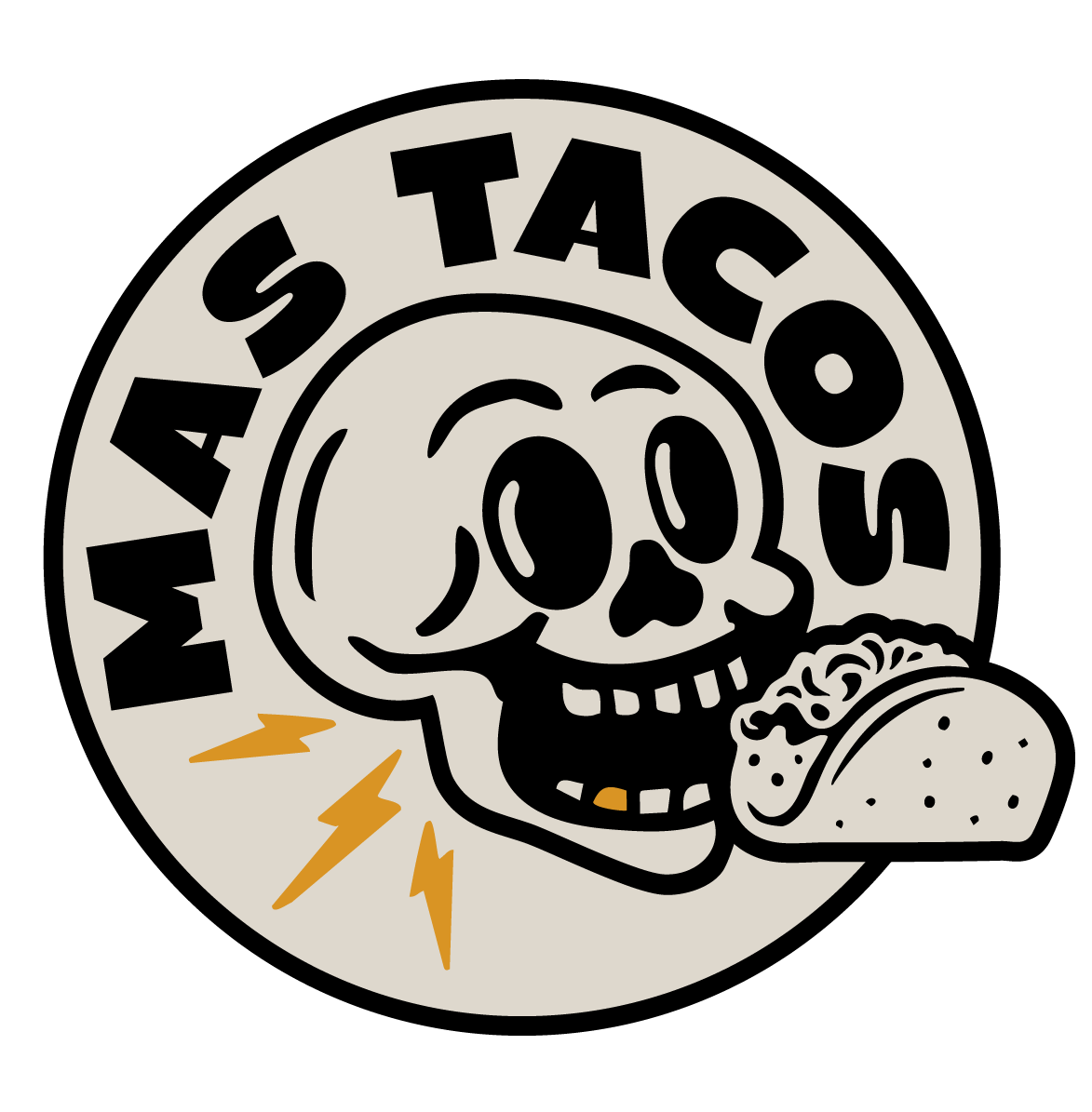 A circular logo with a cartoon skull holding a taco, with the words "I'M A Taco Schwag" around the skull, and orange lightning bolts below.