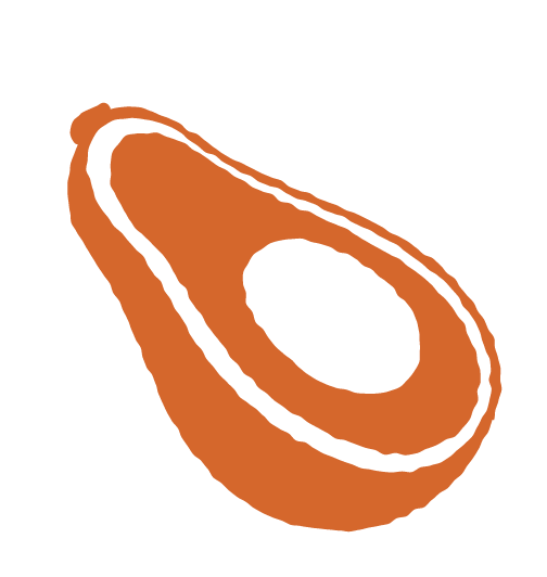 Illustration of a sliced avocado halved with seed removed, depicted in black and brown colors.