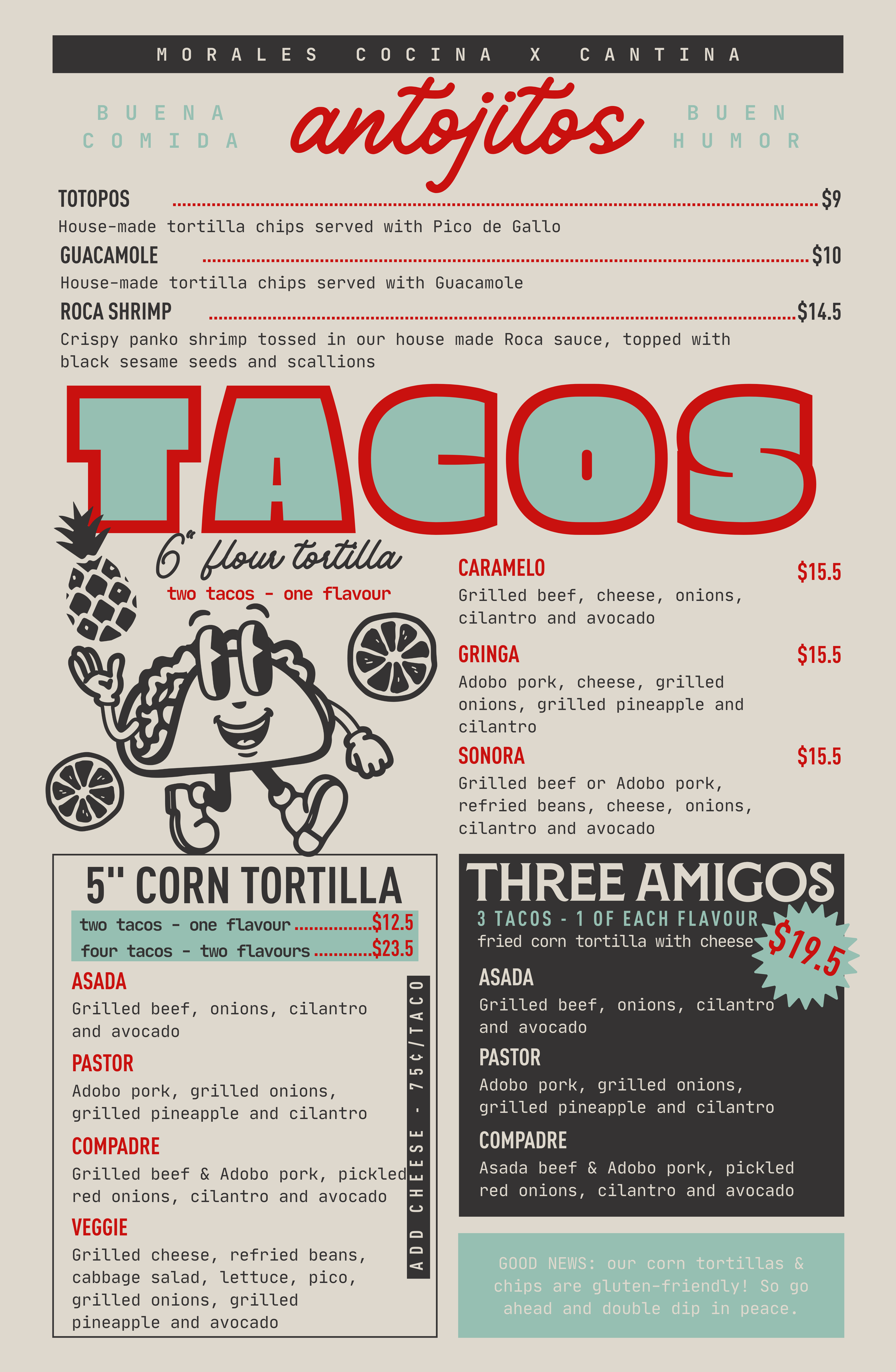 Menu for 'Antojitos,' featuring tacos, tortilla chips with various toppings, and specialty tacos served with options for corn tortillas and class options for three amigos, with a note about gluten-free options.