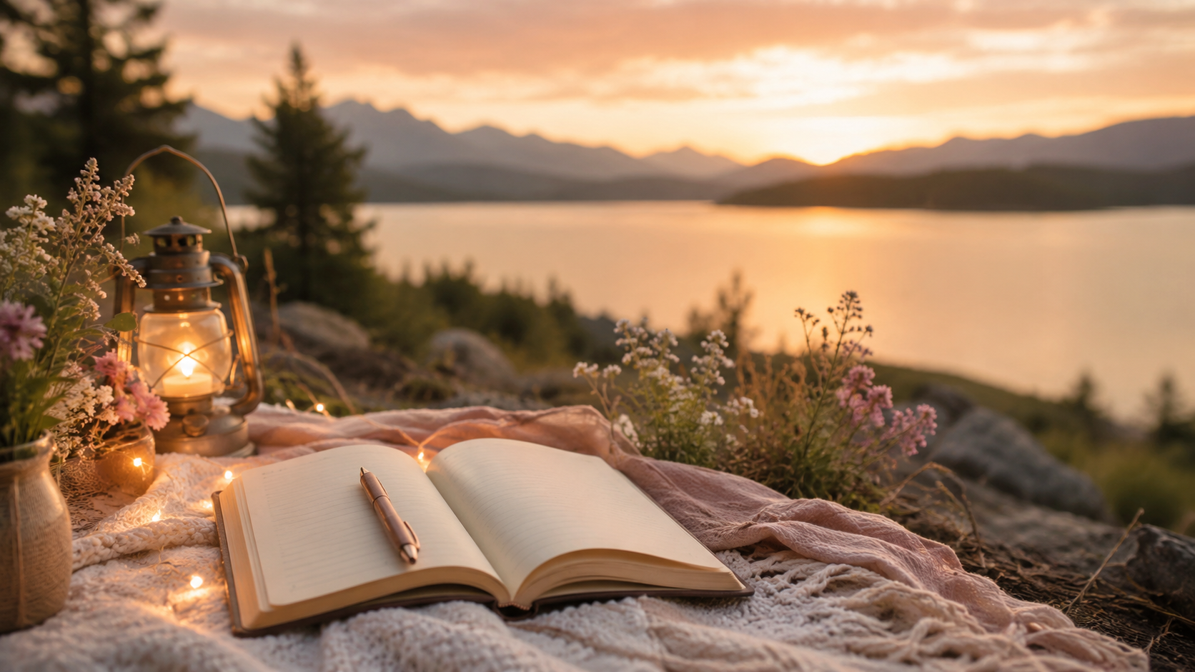 Sunset journaling by the lake