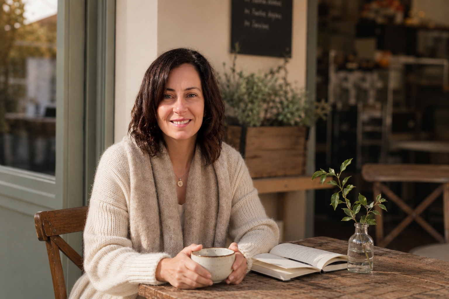 Adrienne sitting in a cafe