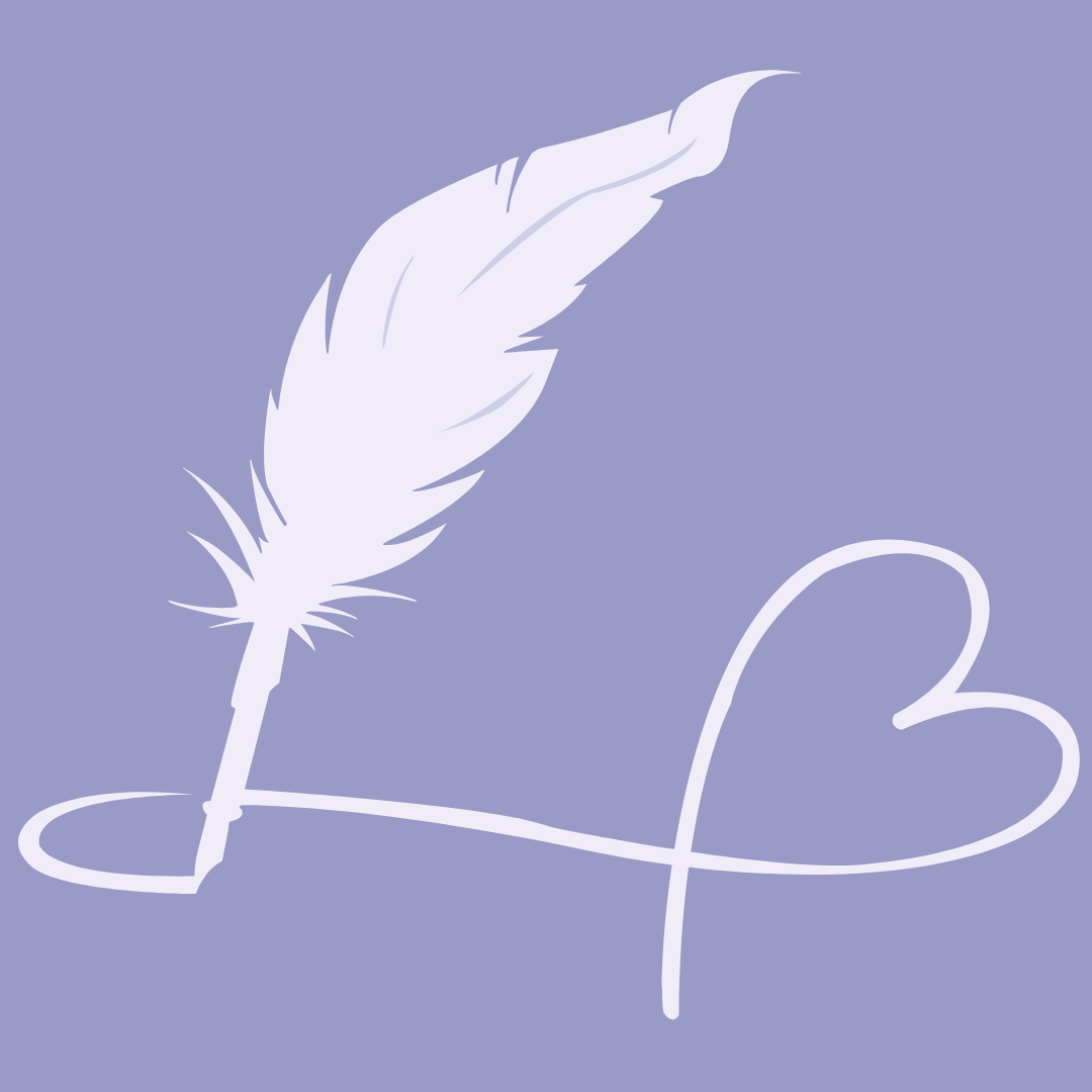 A white quill pen drawing a heart on a lavender background.