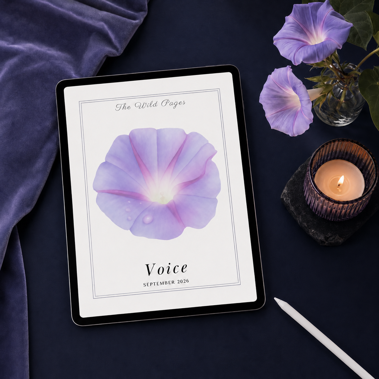 September 2026 Planner -meets-journal themed Voice, the cover displayed on an iPad with decorative flowers and candle in the background