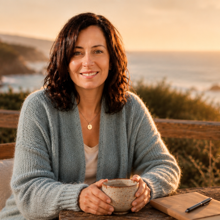 Adrienne sitting by the sea