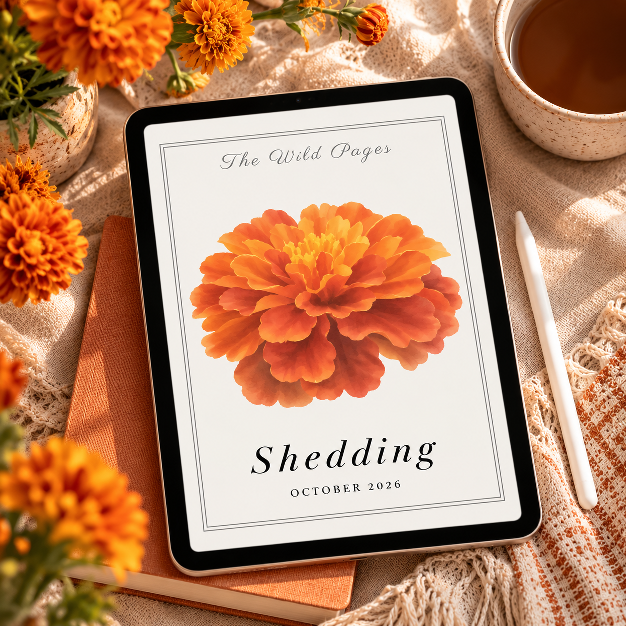 October 2026 Planner -meets-journal themed Shedding, the cover displayed on an iPad with decorative flowers and coffee in the background