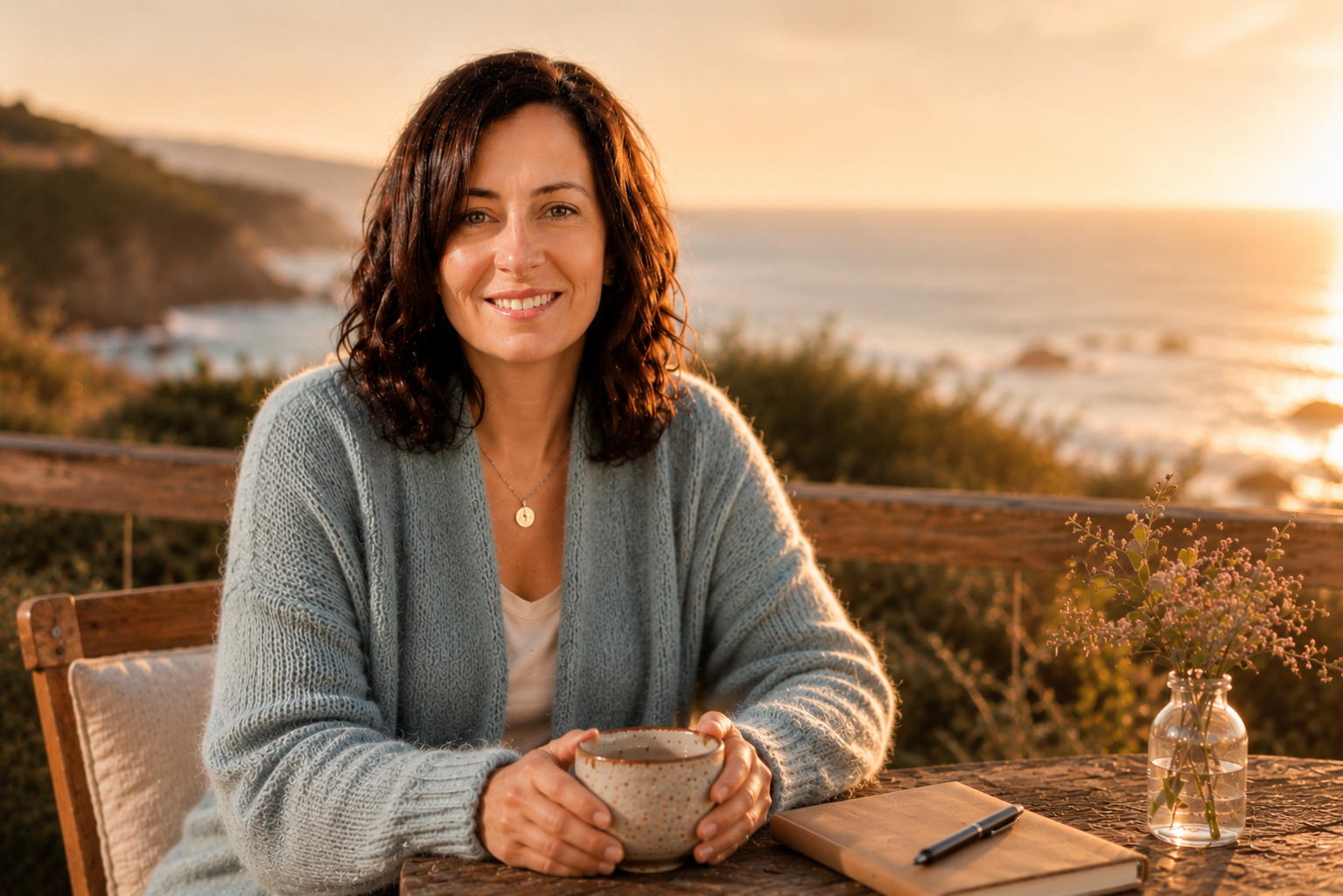 Adrienne sitting by the ocean