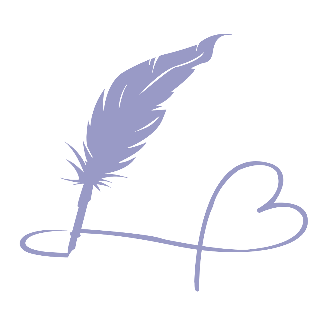 A simple illustration of a quill pen with a feather, with the line extending to form a heart shape.