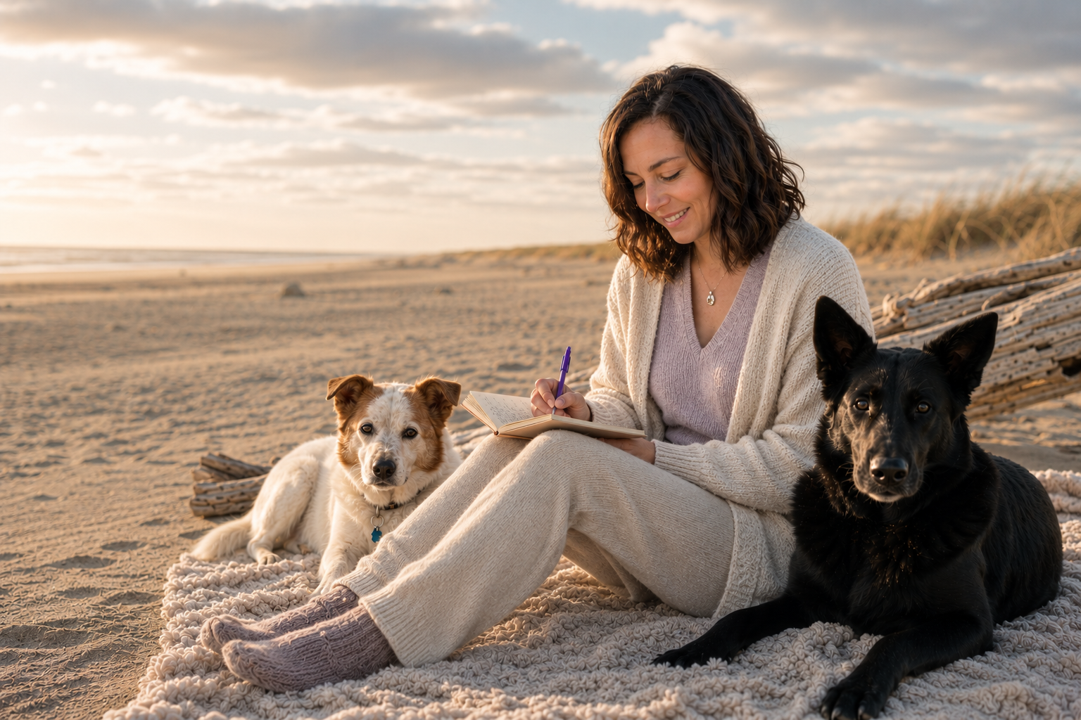 A woman sitting on a blanket on the beach, writing in a notebook, flanked by two dogs, during sunset.