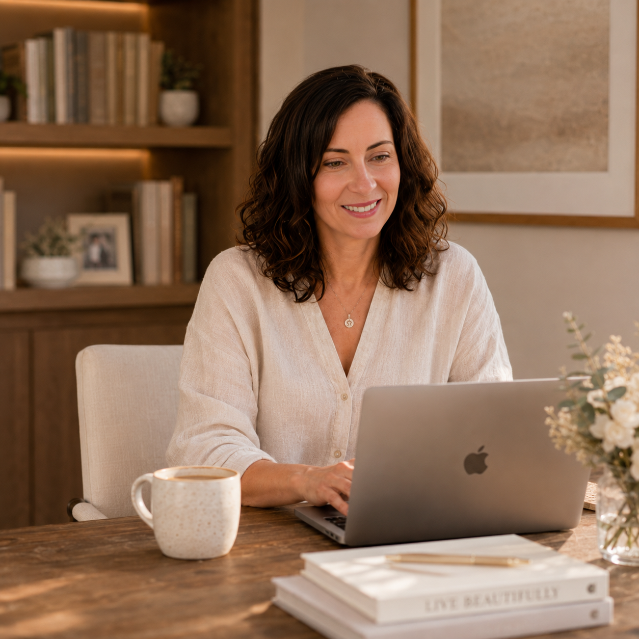 Adrienne in her workspace with cozy ambiance