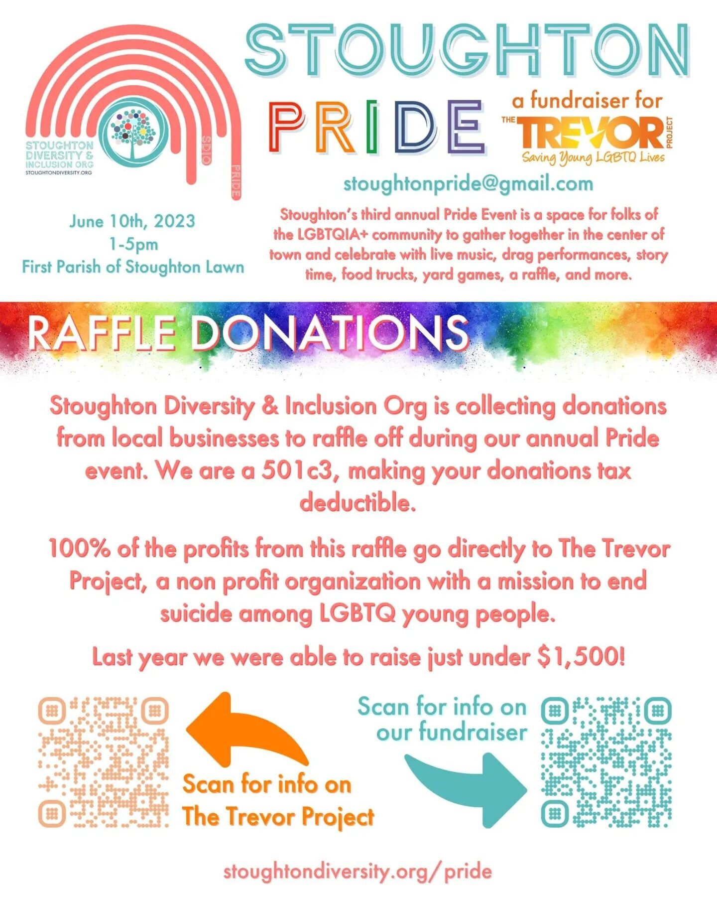 Stoughton Pride is looking for donations for our raffle fundraiser to raise money for The Trevor Project! 

Stoughton Diversity &amp; Inclusion Org is collecting donations from local businesses to raffle off during our annual Pride event. We are a 50