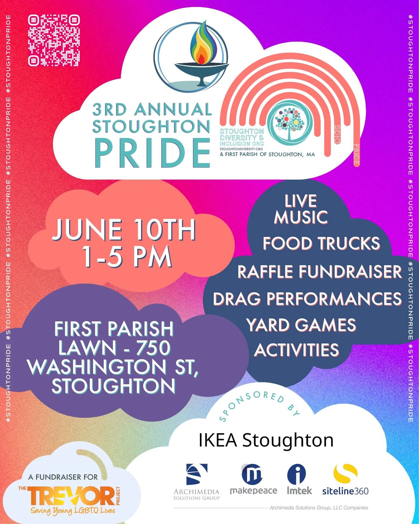 STOUGHTON PRIDE!!! 🏳️&zwj;🌈🏳️&zwj;⚧️🌈🎉❤️🧡💛💚💙💜🖤🤎🎉

Join us for the Third Annual Stoughton Pride on June 10th from 1-5pm on the First Parish of Stoughton lawn at 750 Washington St, Stoughton!

We will have live music, multiple food trucks,